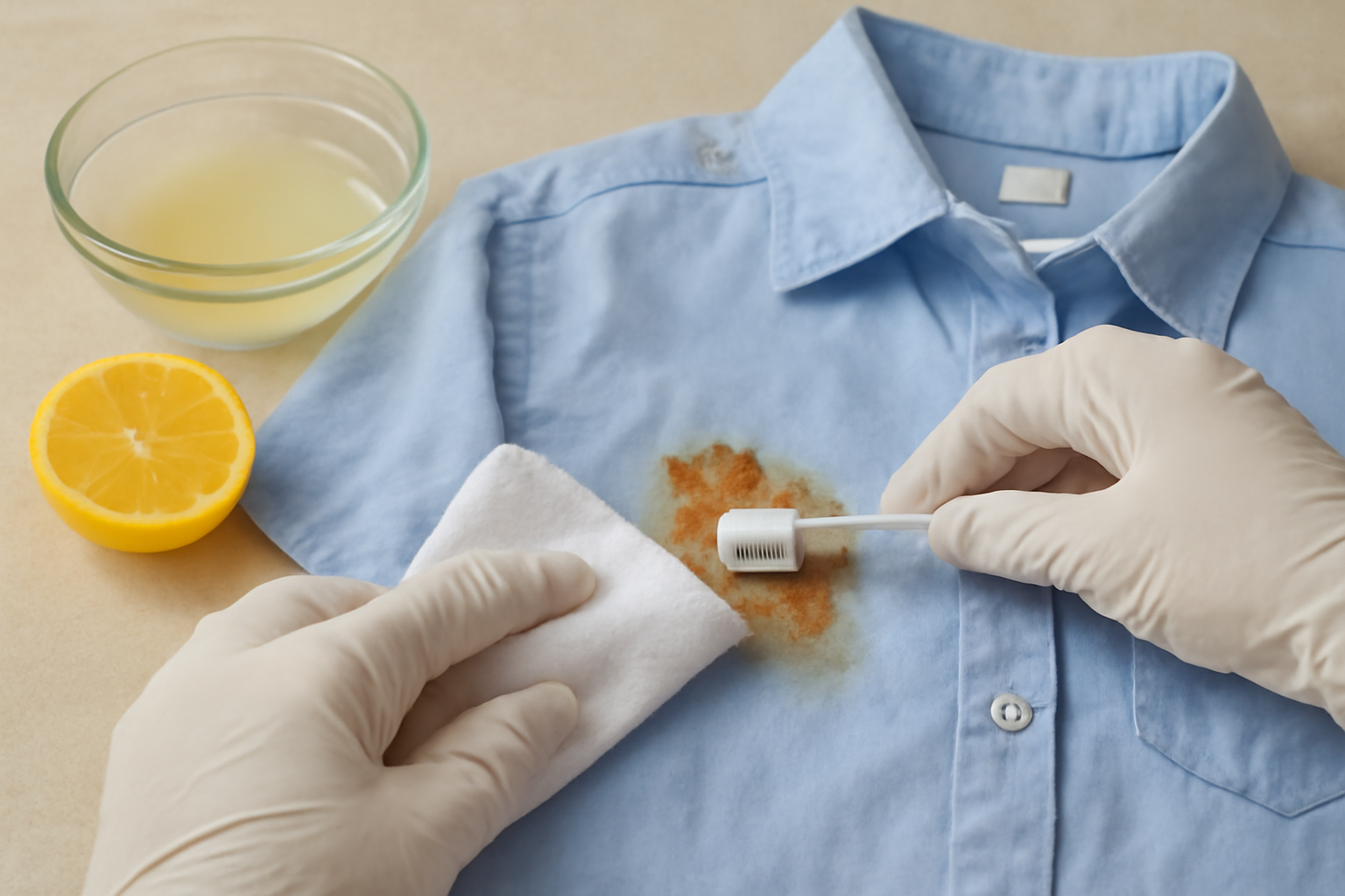Imagen editorial: Cómo quitar una mancha de óxido de una camisa de algodón de color: métodos seguros y qué evitar