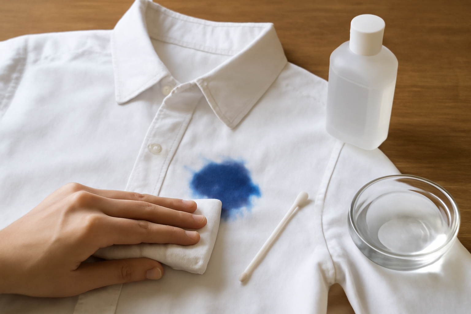 Imagen editorial: Cómo quitar una mancha de tinta de bolígrafo de una camisa blanca de algodón: métodos para manchas frescas y secas