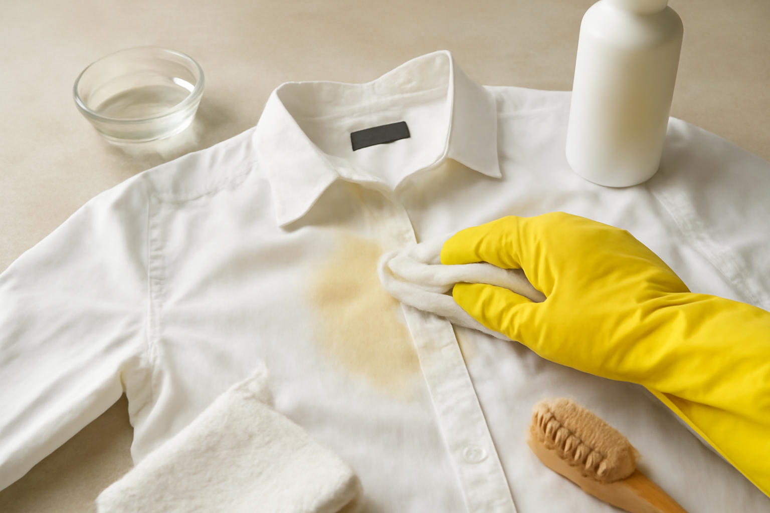 Imagem editorial: Como tirar mancha de suor de camisa branca: guia para mancha fresca e seca