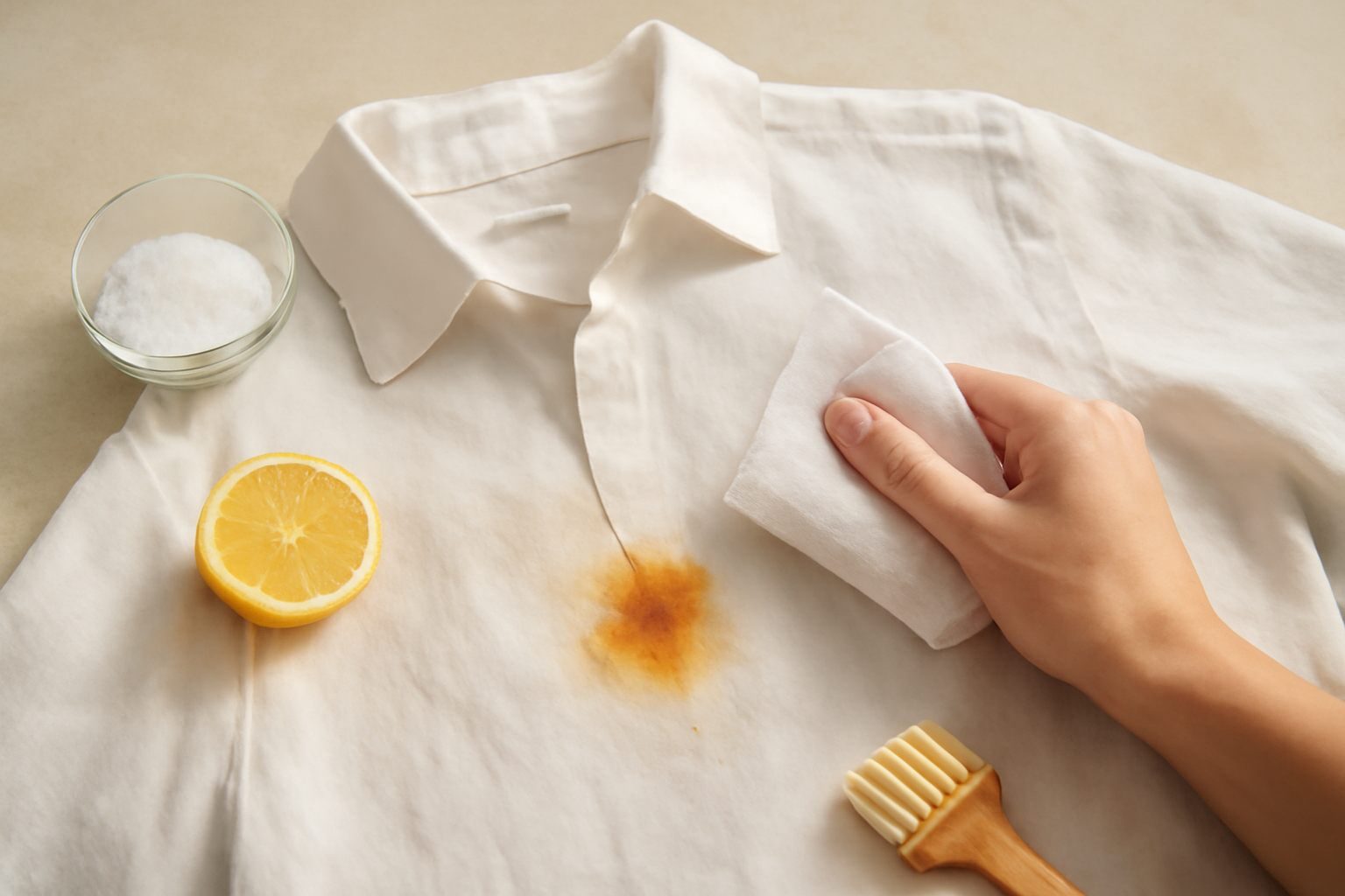 Imagen editorial: Cómo quitar una mancha de óxido de una camisa de lino: métodos seguros para manchas frescas y secas