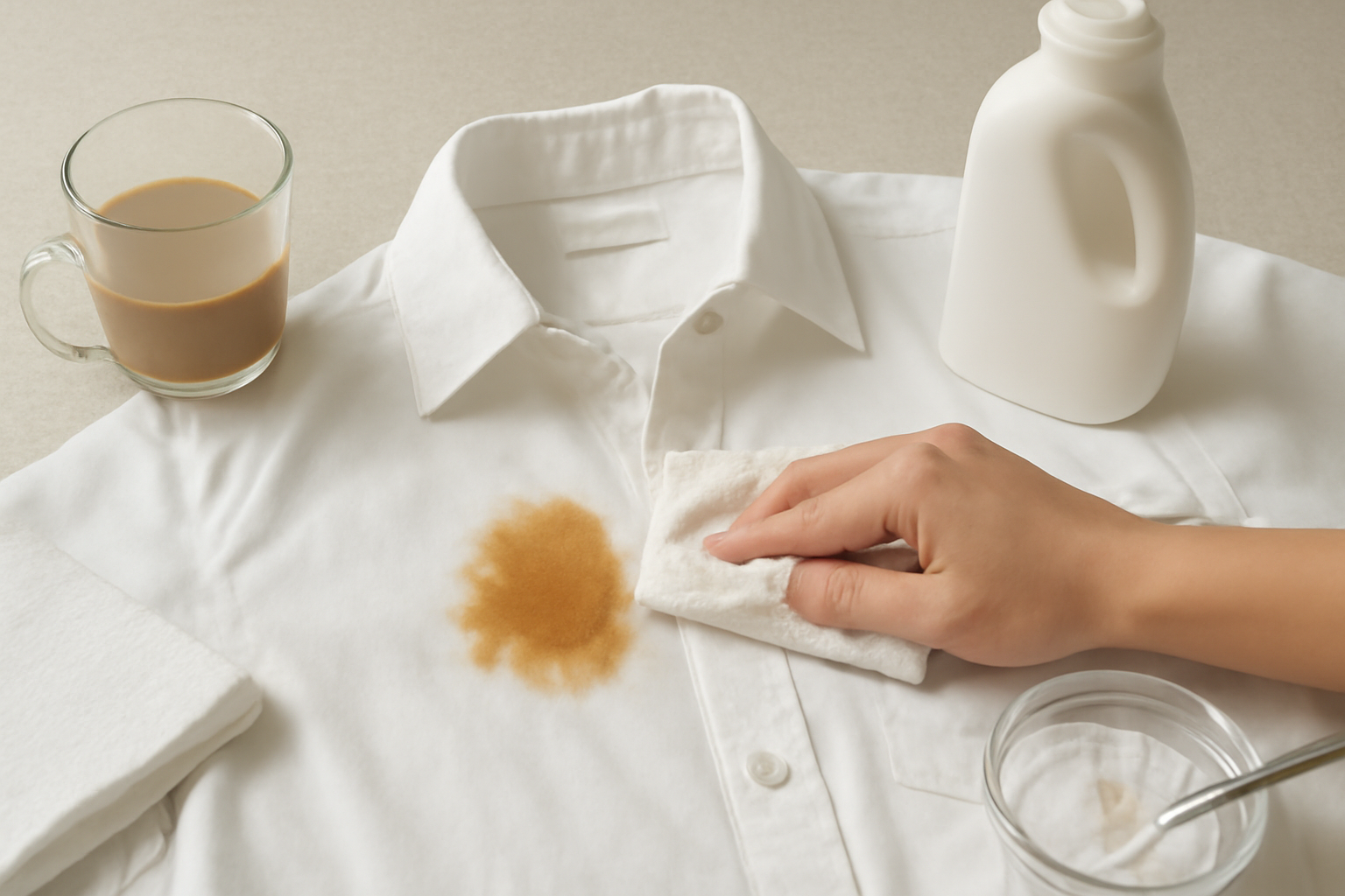 Imagen editorial: Cómo quitar una mancha de café con leche de una camisa de algodón blanco: métodos para manchas frescas y secas