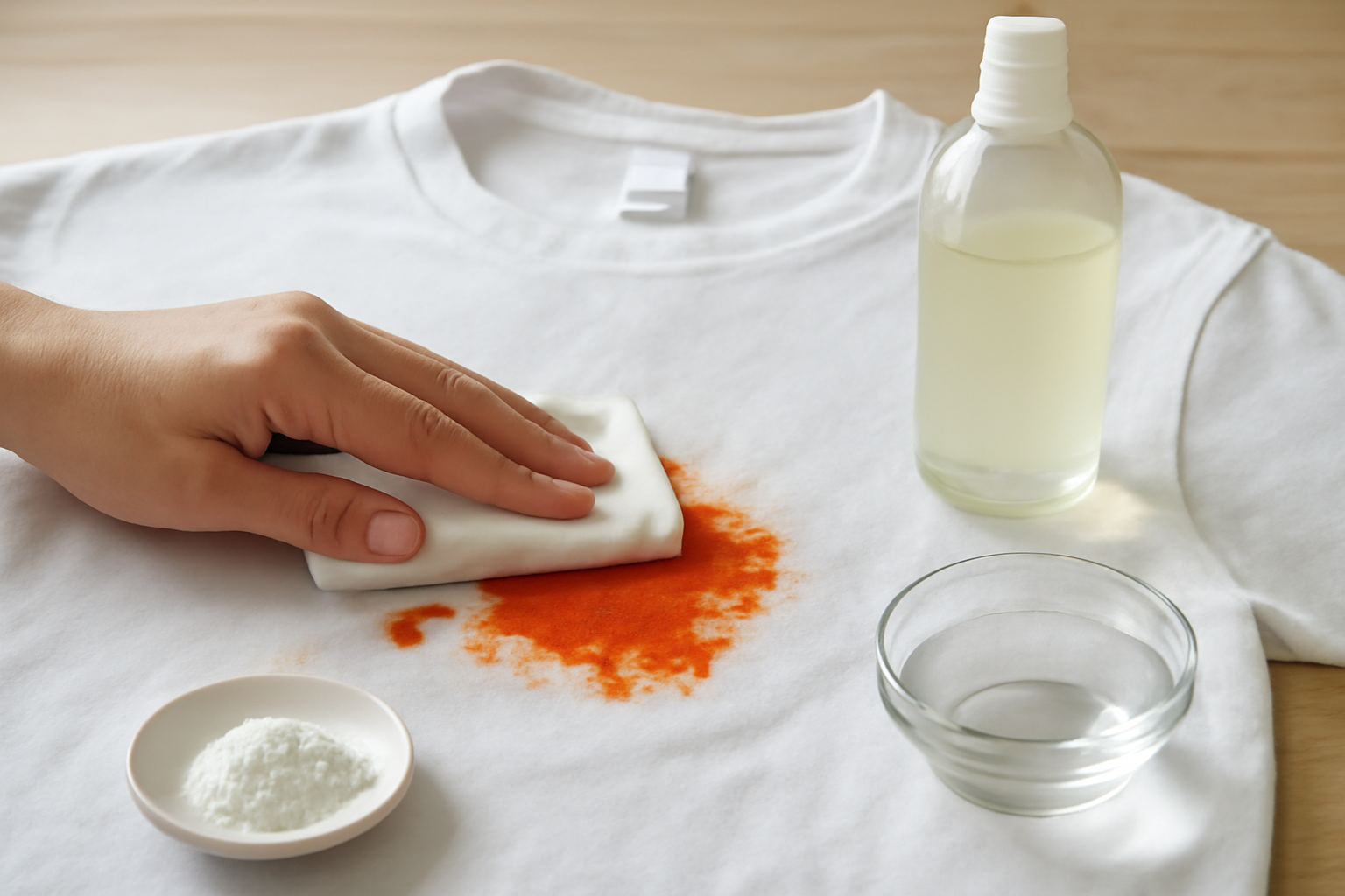 Imagem editorial: Como tirar mancha de molho de tomate de camiseta branca: guia para mancha fresca e seca