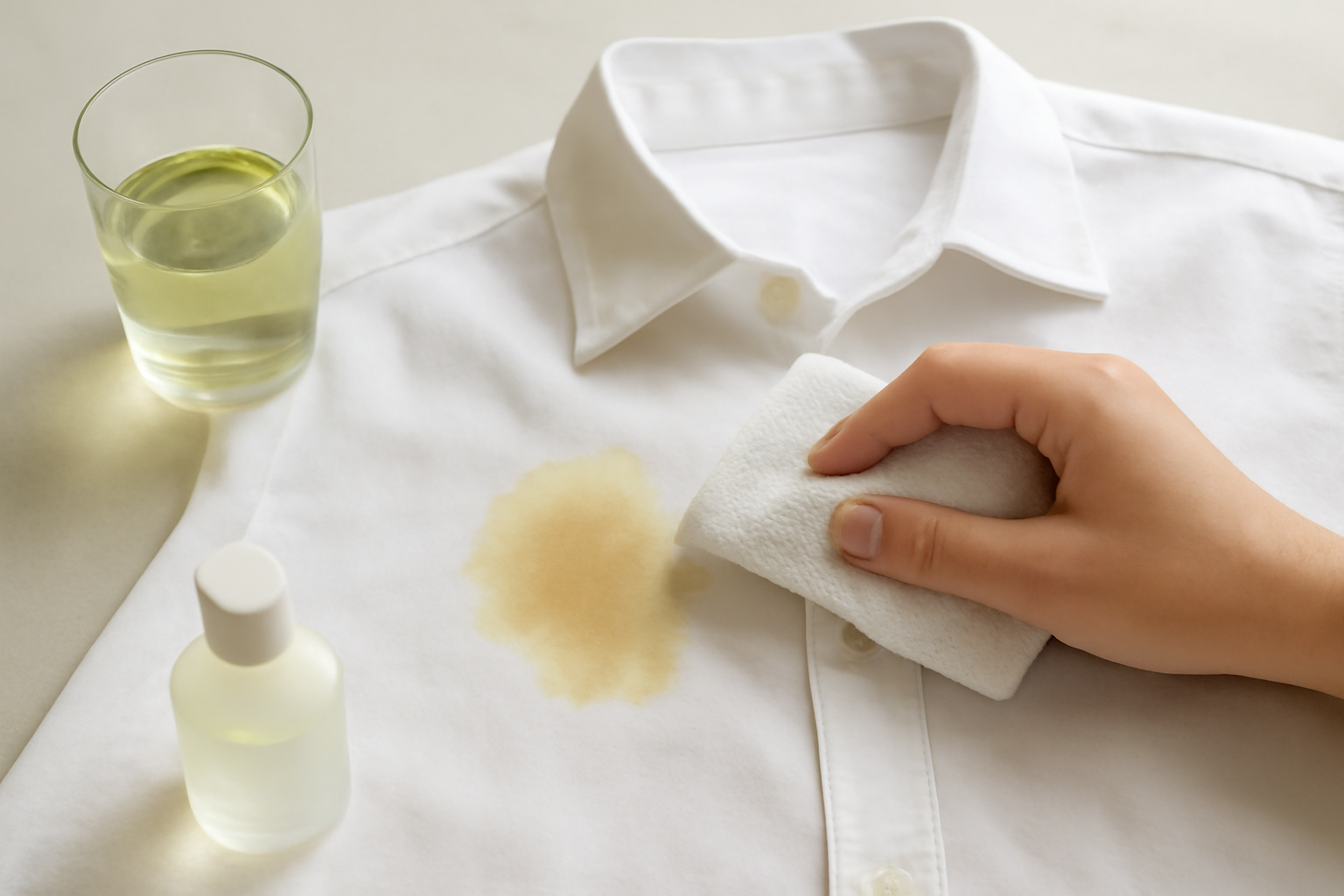 Imagem editorial: Como tirar mancha de vinho branco de camisa social de algodão: guia para mancha fresca e seca