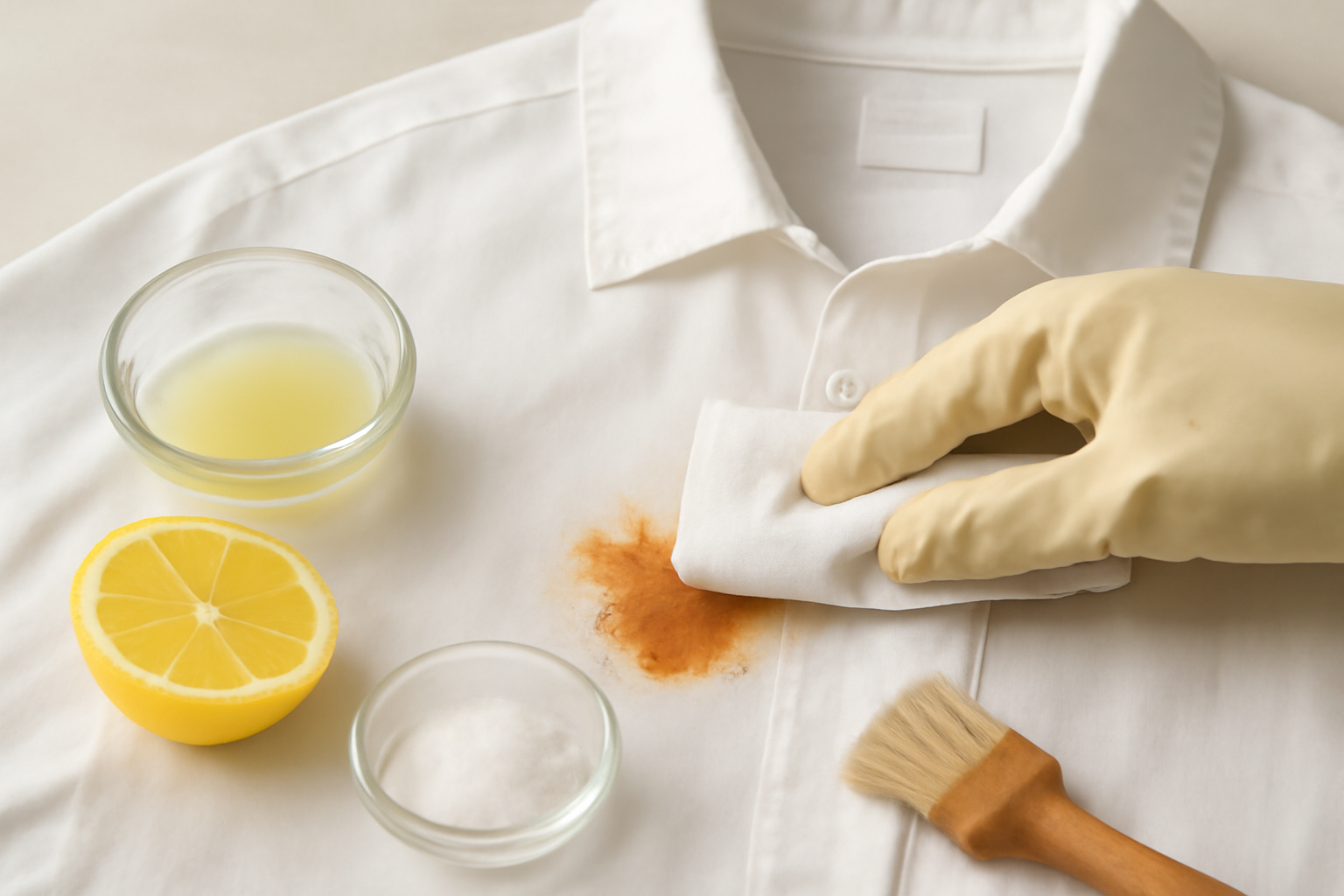 Imagen editorial: Cómo quitar una mancha de óxido de una camisa de algodón blanco: métodos seguros para manchas frescas y secas