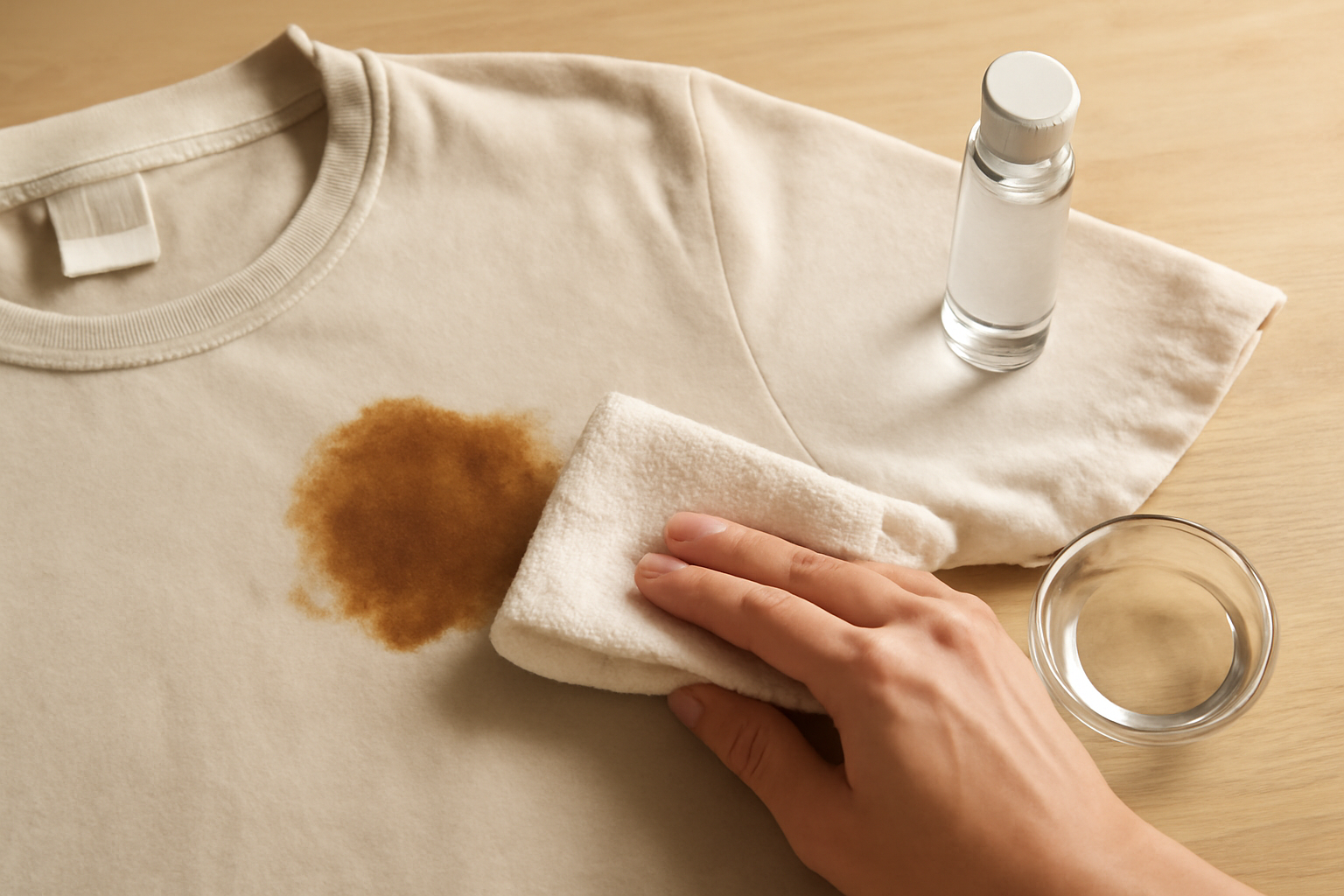 Imagen editorial: Cómo quitar una mancha de café de una camisa de algodón de color: métodos para manchas frescas y secas