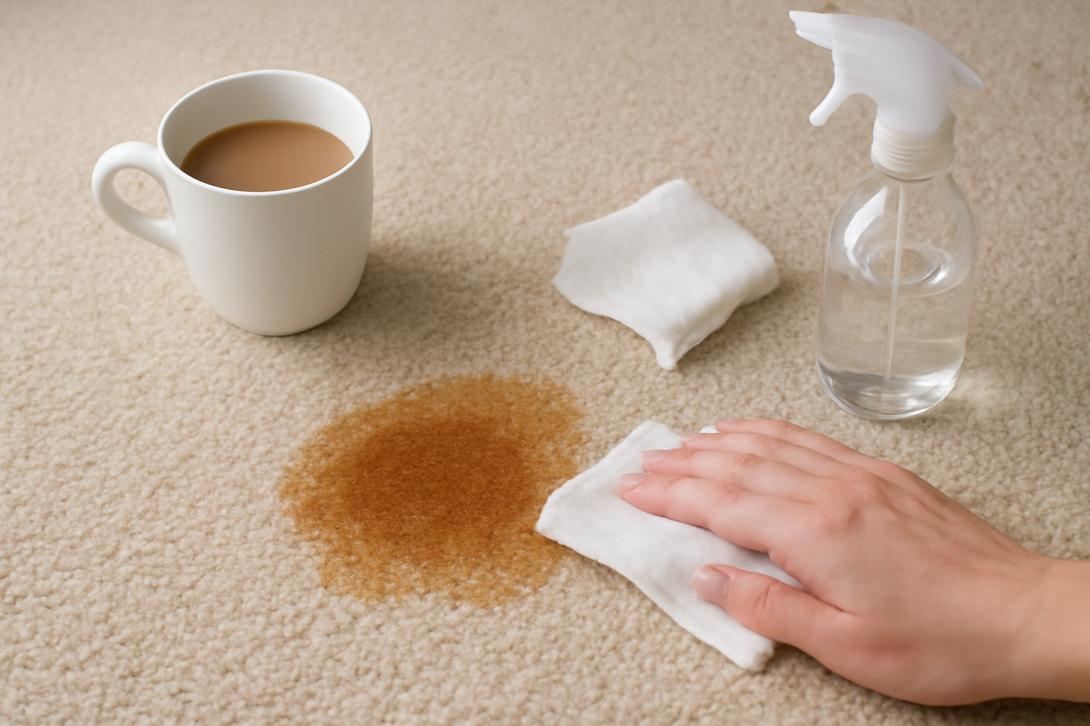 Imagem editorial: Como tirar mancha de café com leite de carpete claro: guia para mancha fresca e seca