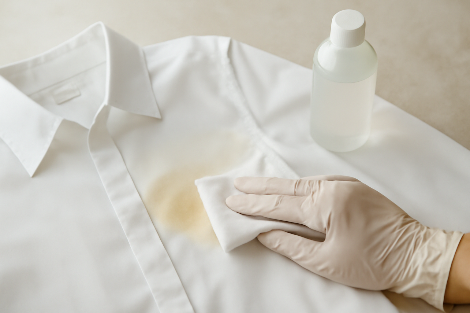 Imagen editorial: Cómo quitar una mancha de sudor de una camisa blanca de poliéster: métodos para manchas frescas y secas