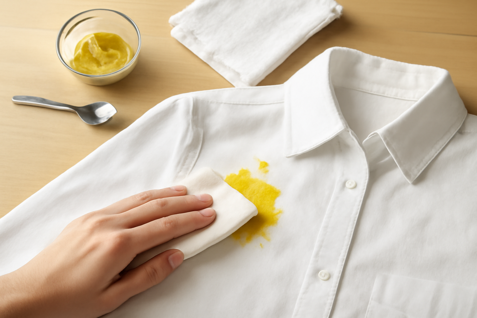 Imagem editorial: Como tirar mancha de mostarda de camisa branca de algodão: guia para mancha fresca e seca