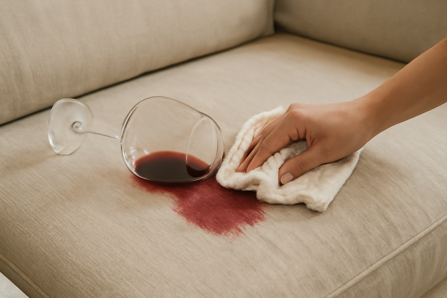 Imagen editorial: Cómo quitar una mancha de vino tinto de un sofá de lino: métodos para manchas frescas y secas