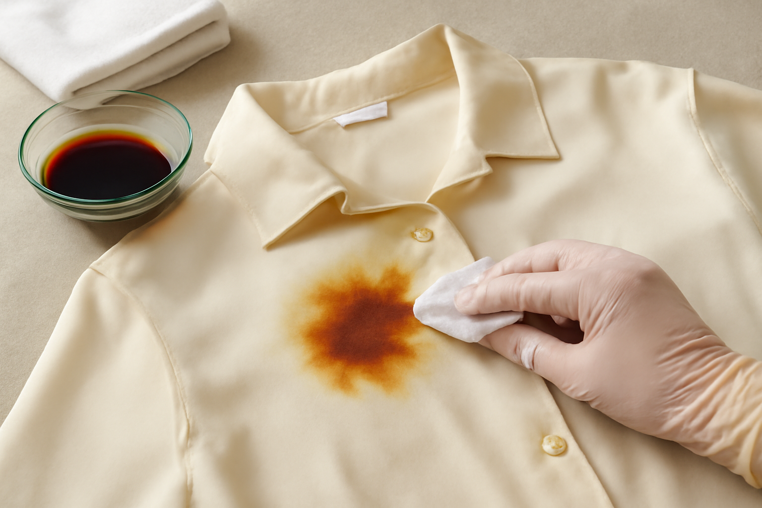 Imagen editorial: Cómo quitar una mancha de salsa de soja de una camisa de seda: métodos para manchas frescas y secas