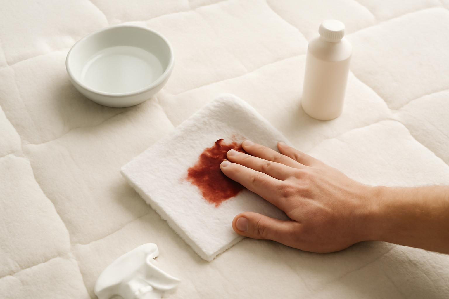 Imagem editorial: Como tirar mancha de sangue de colchão: guia para mancha fresca e seca