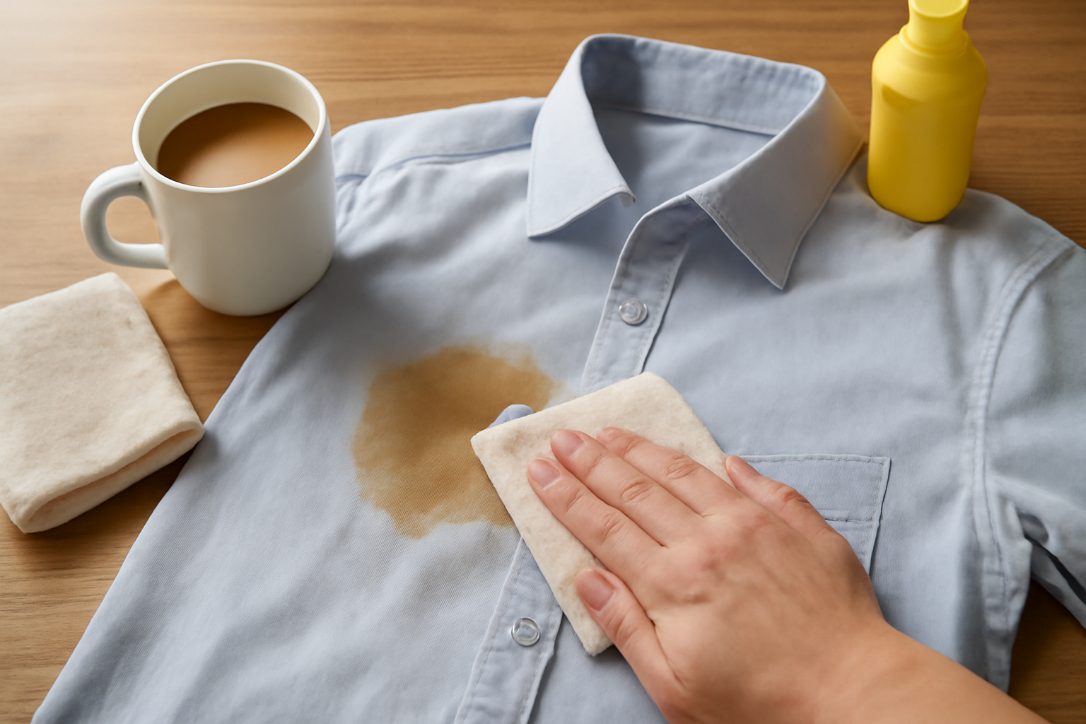 Imagem editorial: Como tirar mancha de café com leite de camisa social: guia para mancha fresca e seca