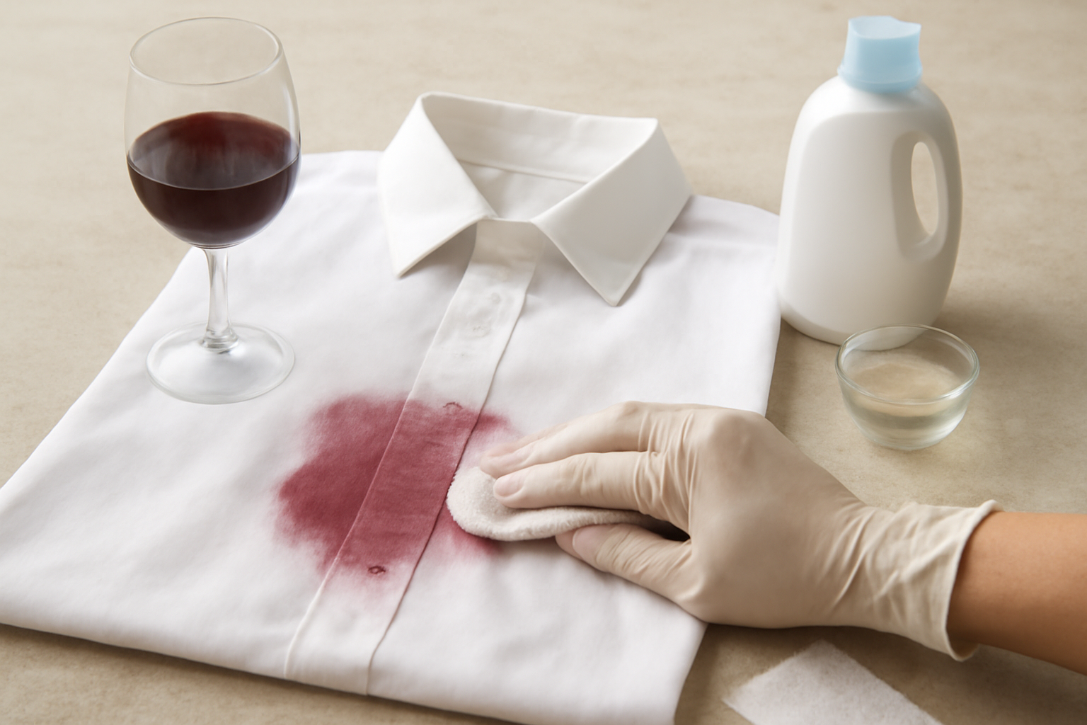 Imagen editorial: Cómo quitar una mancha de vino tinto de una camisa blanca de algodón: métodos para manchas frescas y secas