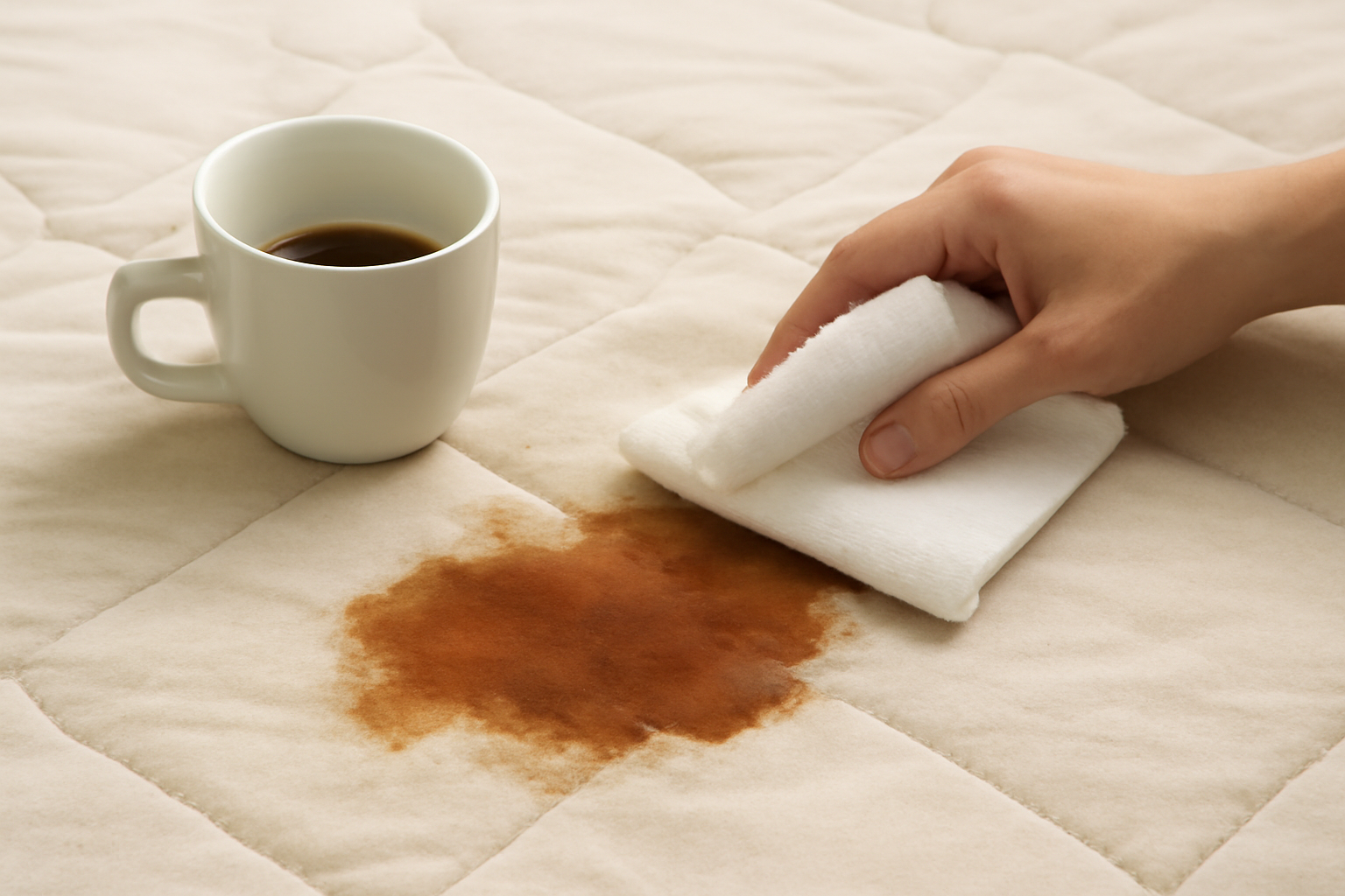 Imagen editorial: Cómo quitar una mancha de café de un colchón: métodos para manchas frescas y secas