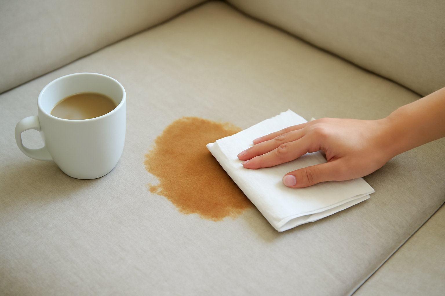 Imagem editorial: Como tirar mancha de café com leite de sofá de tecido: guia para mancha fresca e seca