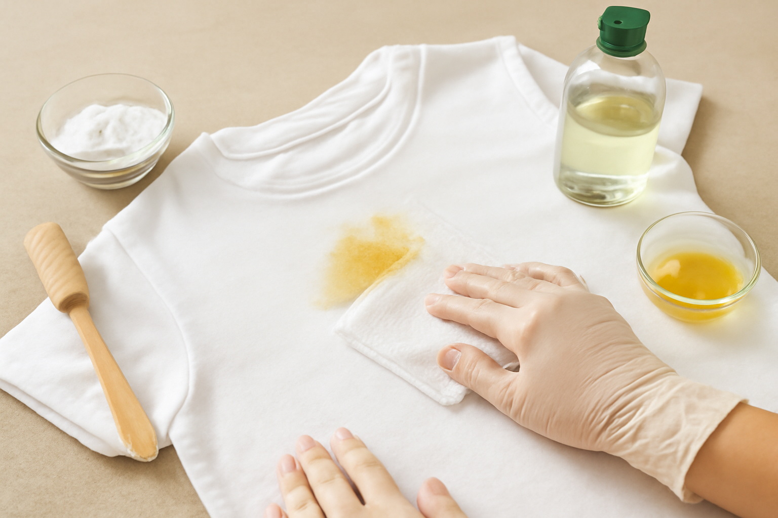Imagem editorial: Tirar mancha de óleo de cozinha de camiseta de algodão: guia para mancha fresca e seca