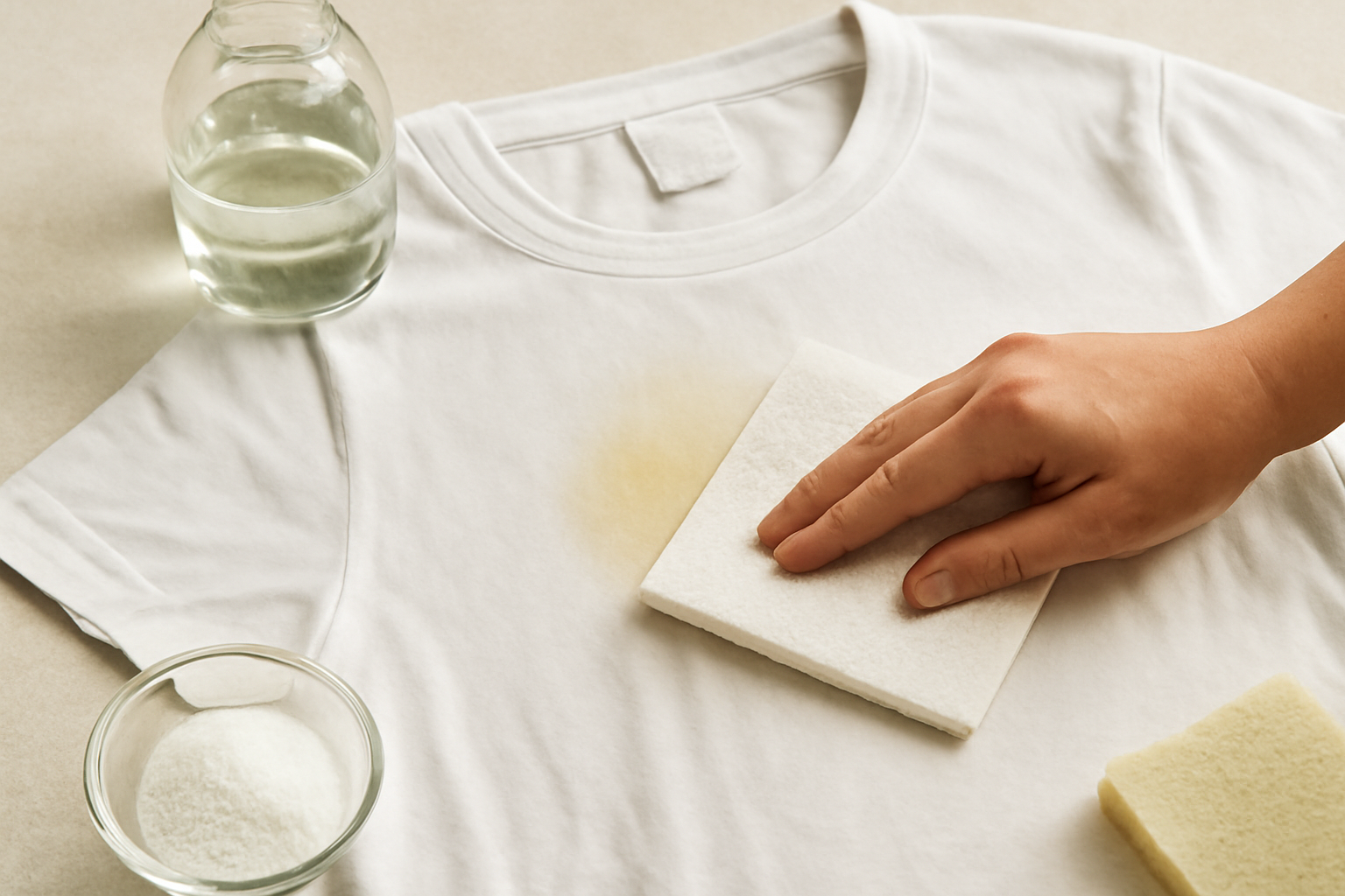 Imagem editorial: Tirar mancha de suor de camiseta branca de algodão: guia para mancha fresca e seca