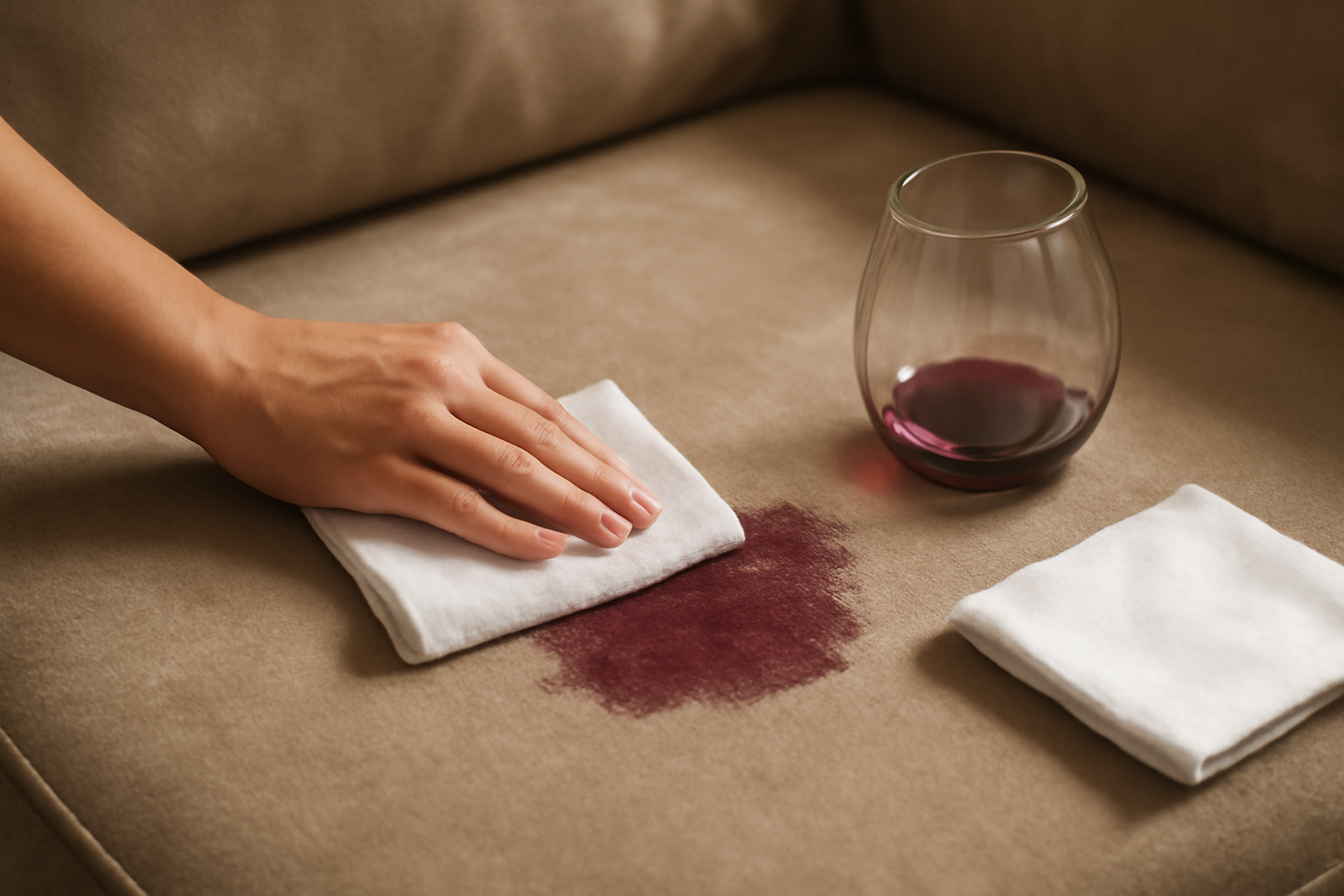 Imagen editorial: Cómo quitar una mancha de vino tinto de un sofá de microfibra: métodos para manchas frescas y secas