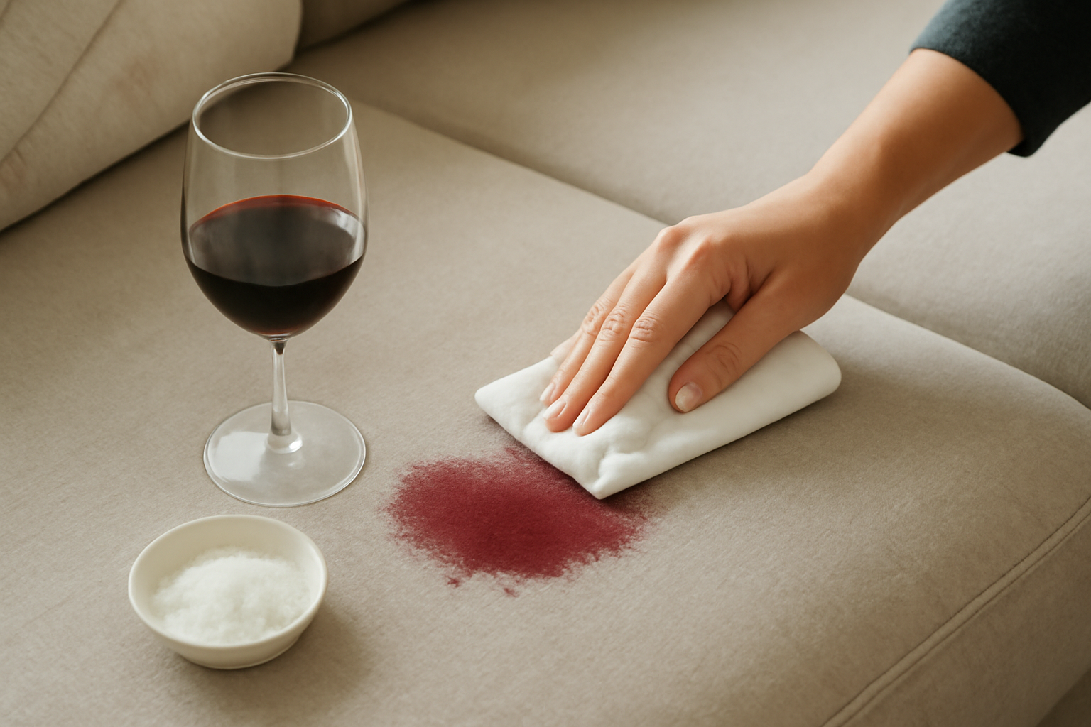 Imagem editorial: Tirar mancha de vinho tinto de sofá de tecido: guia completo para mancha fresca e seca