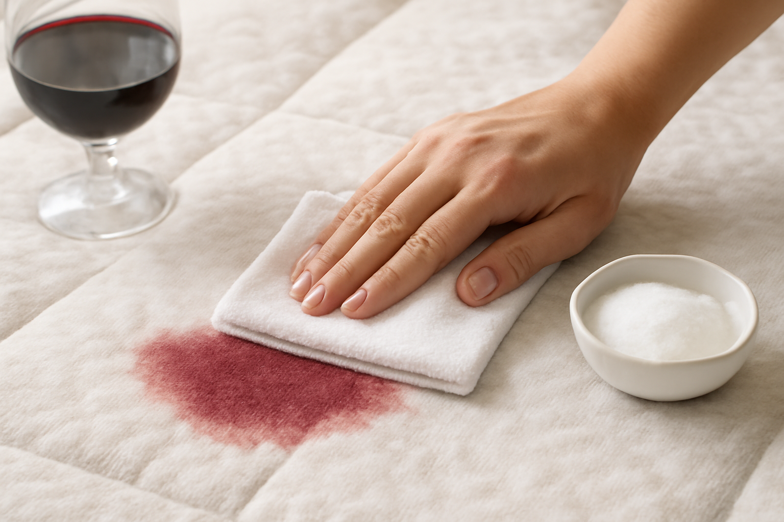 Imagen editorial: Cómo quitar una mancha de vino tinto de un colchón: métodos para manchas frescas y secas