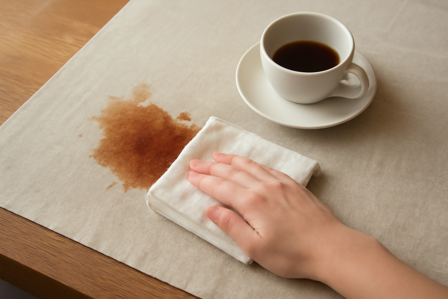 Imagem editorial: Tirar mancha de café de toalha de mesa de linho: comparação de métodos para mancha fresca e seca