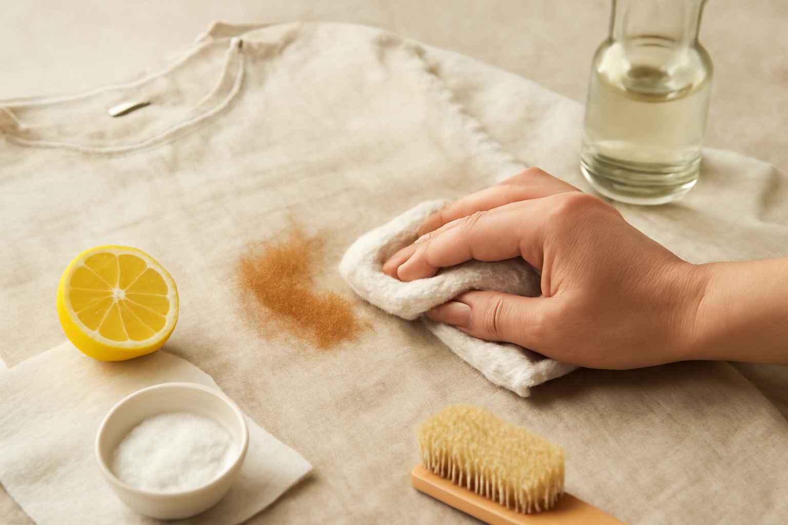 Imagen editorial: Cómo quitar una mancha de óxido de una camisa de lino: métodos seguros para manchas frescas y secas
