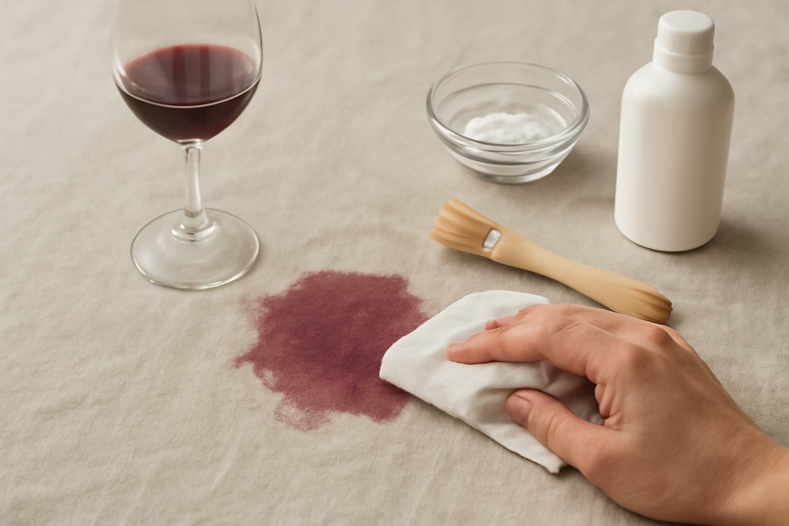 Imagem editorial: Como tirar mancha de vinho tinto de toalha de mesa de linho: guia para mancha fresca e seca