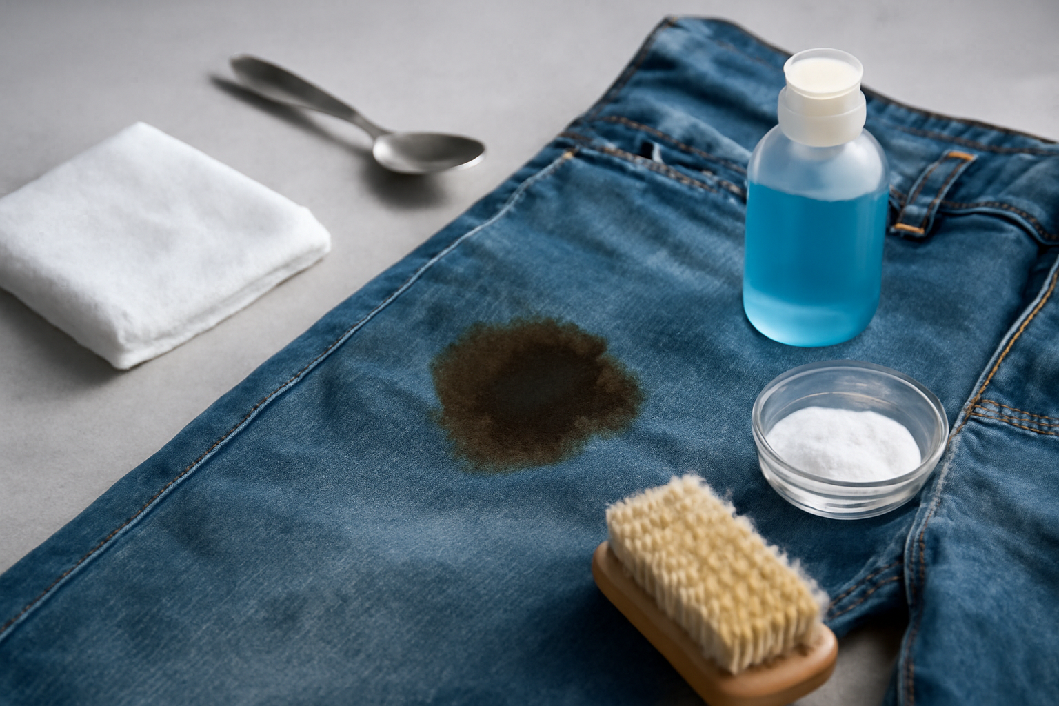 Imagen editorial: Cómo quitar una mancha de aceite de motor de unos vaqueros: guía para manchas frescas y secas
