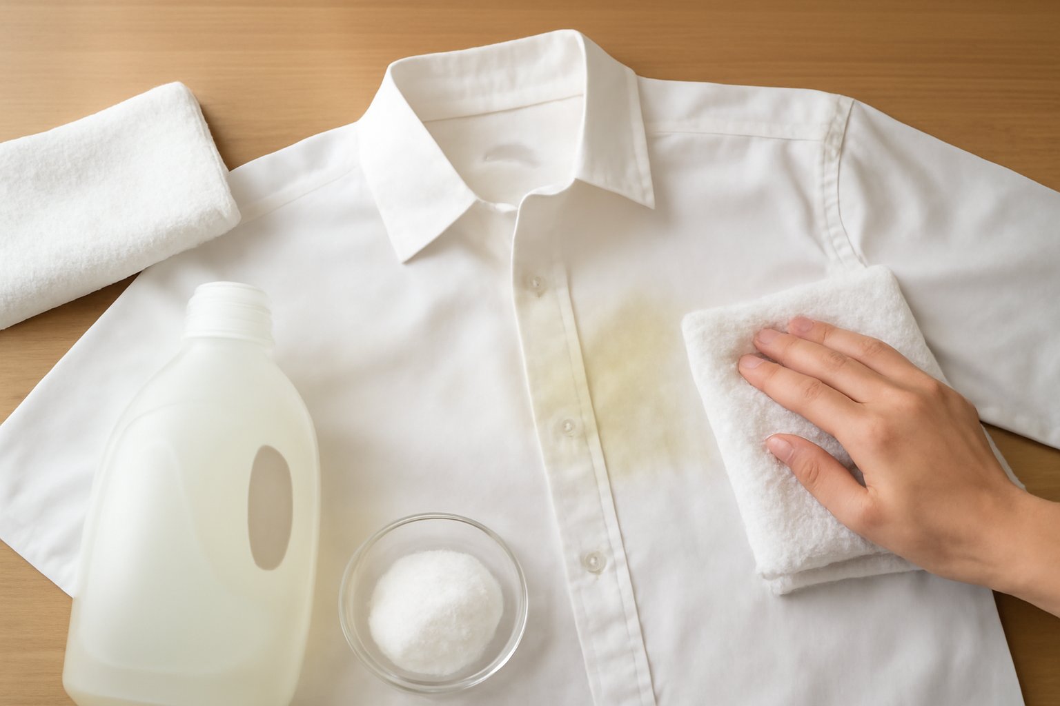 Imagen editorial: Cómo quitar una mancha de sudor de una camisa blanca de algodón: métodos para manchas frescas y secas