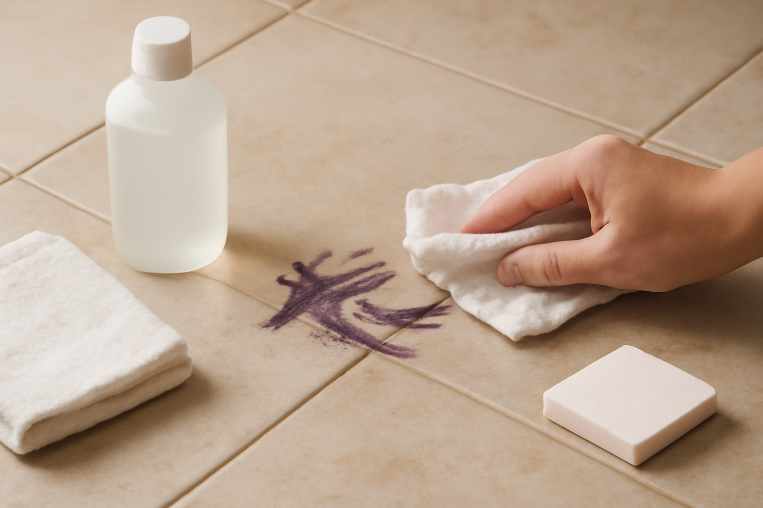 Imagem editorial: Tirar mancha de caneta marcador permanente de piso de cerâmica: guia para traço fresco e seco