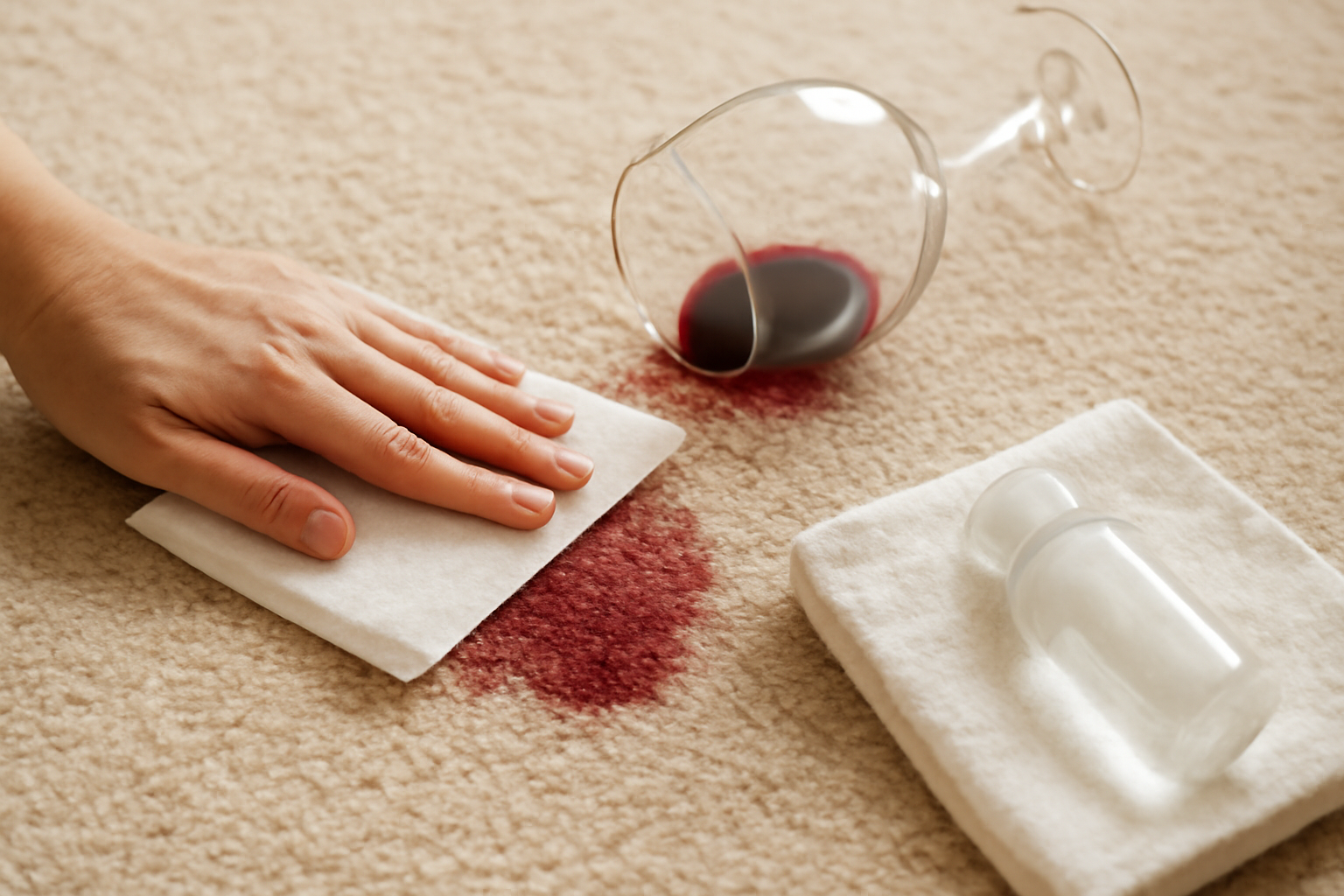 Imagem editorial: Tirar mancha de vinho tinto de carpete claro: guia para mancha fresca e seca