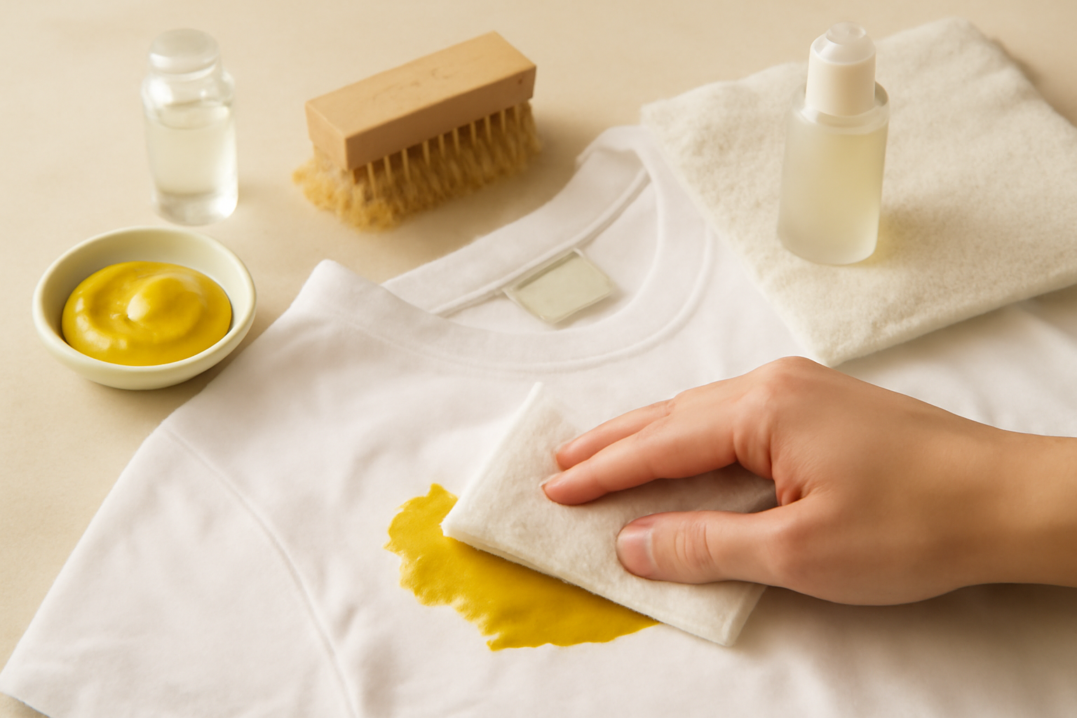 Imagem editorial: Como tirar mancha de mostarda de camisa de algodão: guia definitivo para mancha fresca e seca