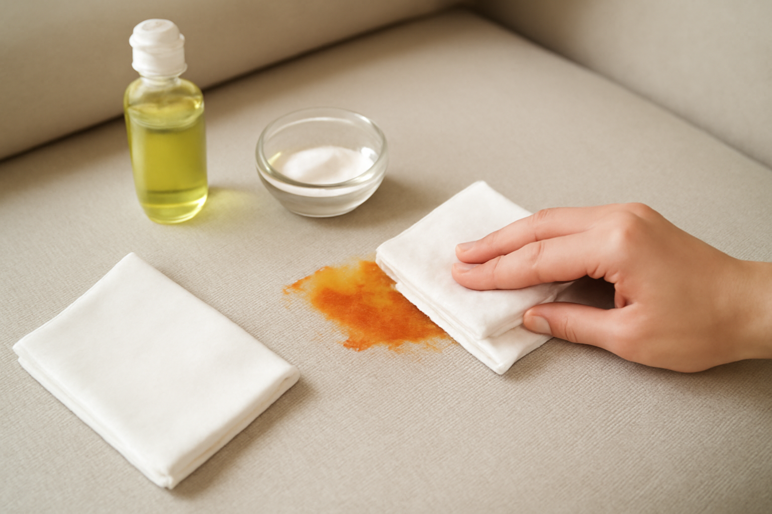 How to Remove Tomato Sauce from a Cotton Couch: Dish Soap vs. Baking Soda illustration