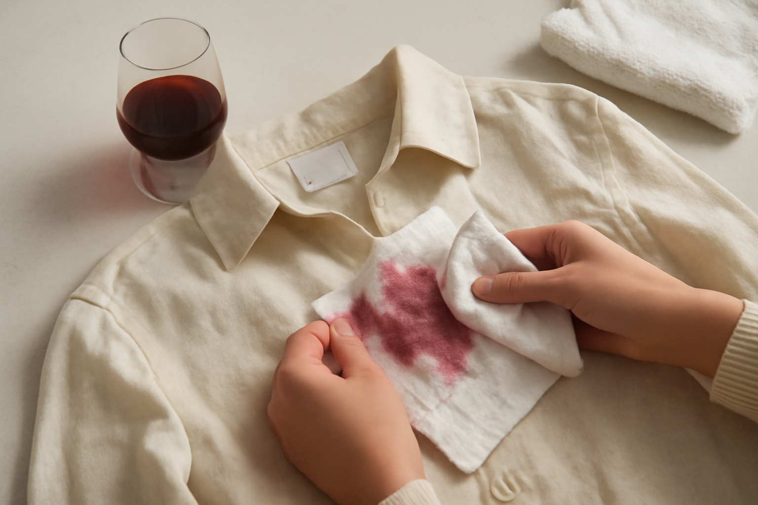 Imagen editorial: Cómo quitar una mancha de vino tinto de una camisa de lino: comparación de métodos seguros