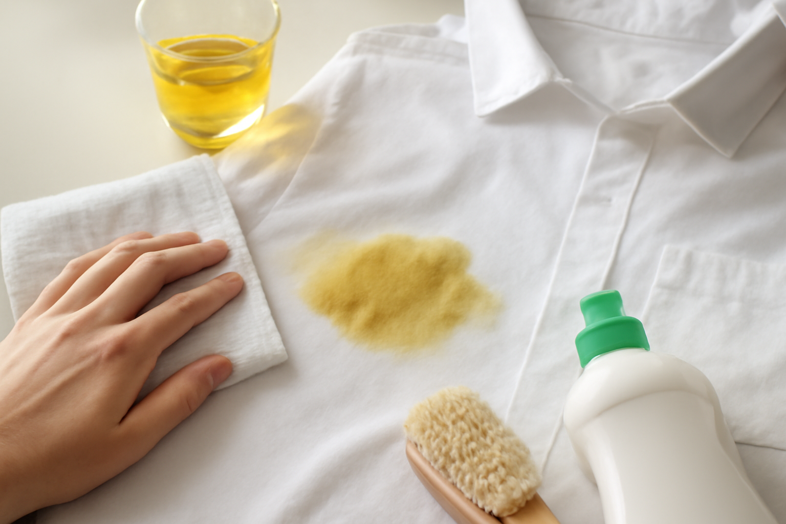 Imagen editorial: Cómo quitar una mancha de aceite de oliva de una camisa de algodón blanco: guía para manchas frescas y secas