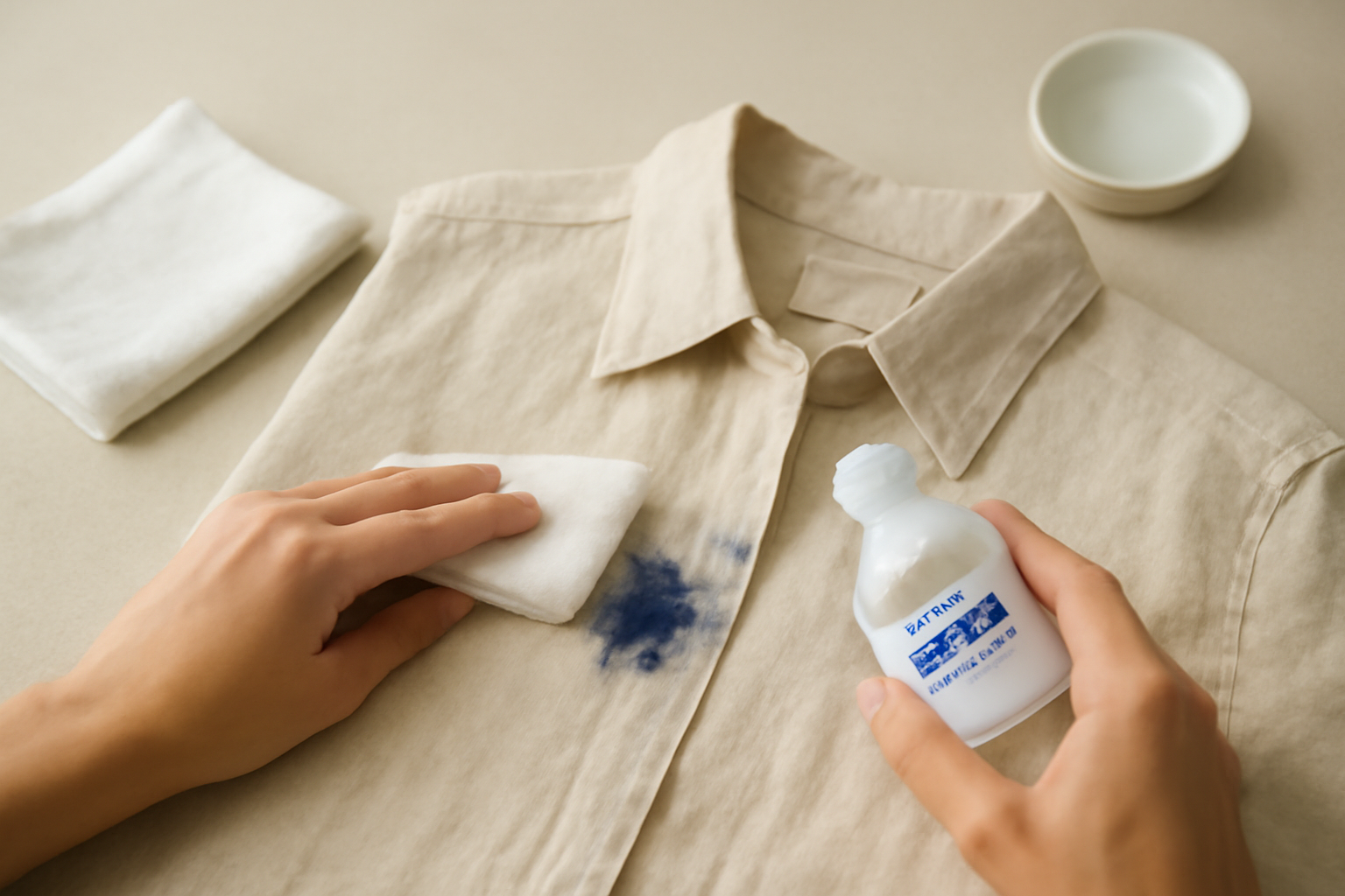 Imagen editorial: Cómo quitar tinta de bolígrafo de una camisa de lino: métodos para manchas frescas y secas