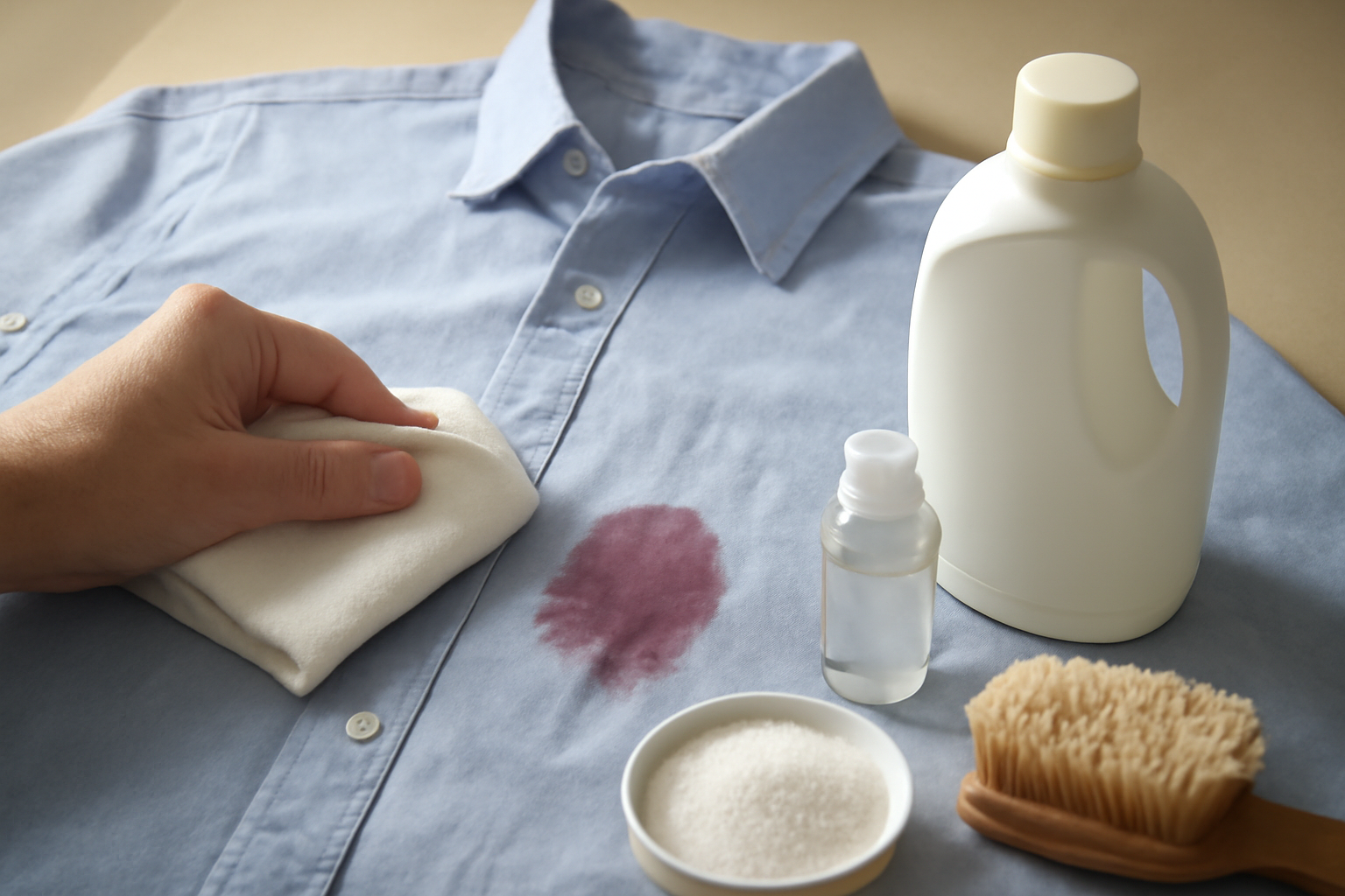 Imagen editorial: Cómo quitar una mancha de vino tinto de una camisa de algodón de color: métodos para manchas frescas y secas