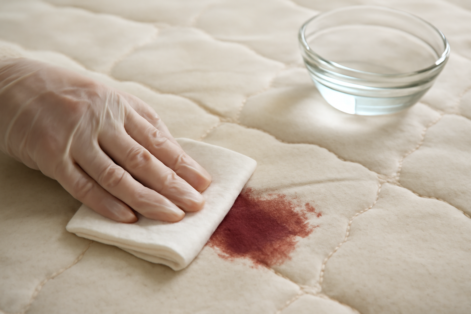 Imagem editorial: Tirar mancha de sangue seco de colchão: passo a passo seguro para mancha fresca e seca