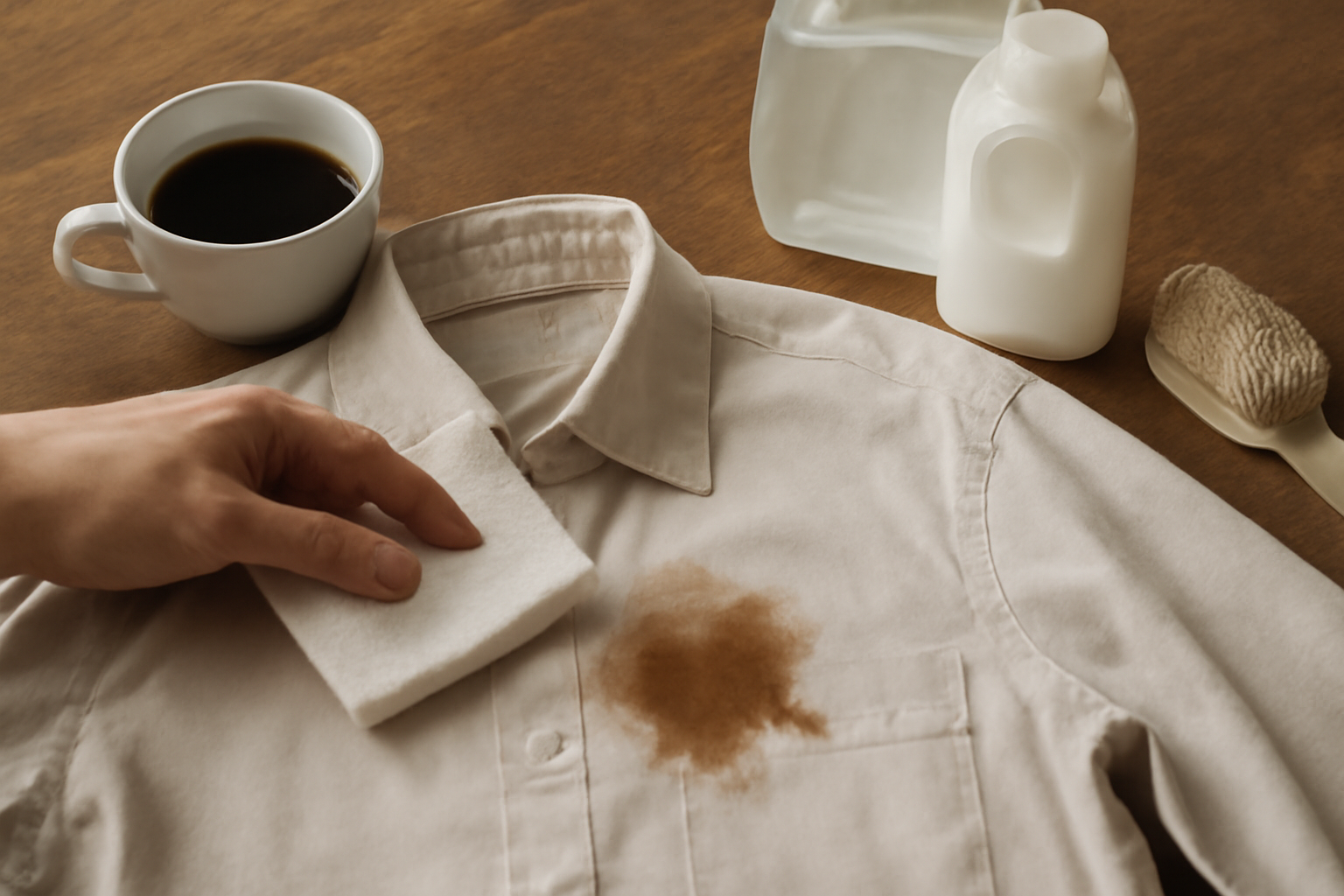Imagen editorial: Cómo quitar una mancha de café de una camisa de algodón de color: métodos para manchas frescas y secas