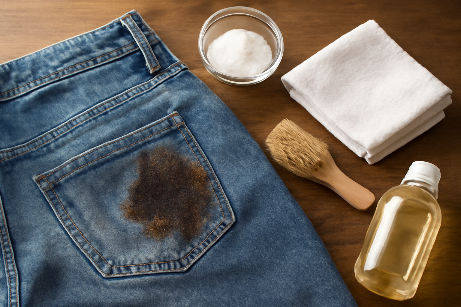 Imagem editorial: Como tirar mancha de gordura antiga de calça jeans: passo a passo para mancha seca