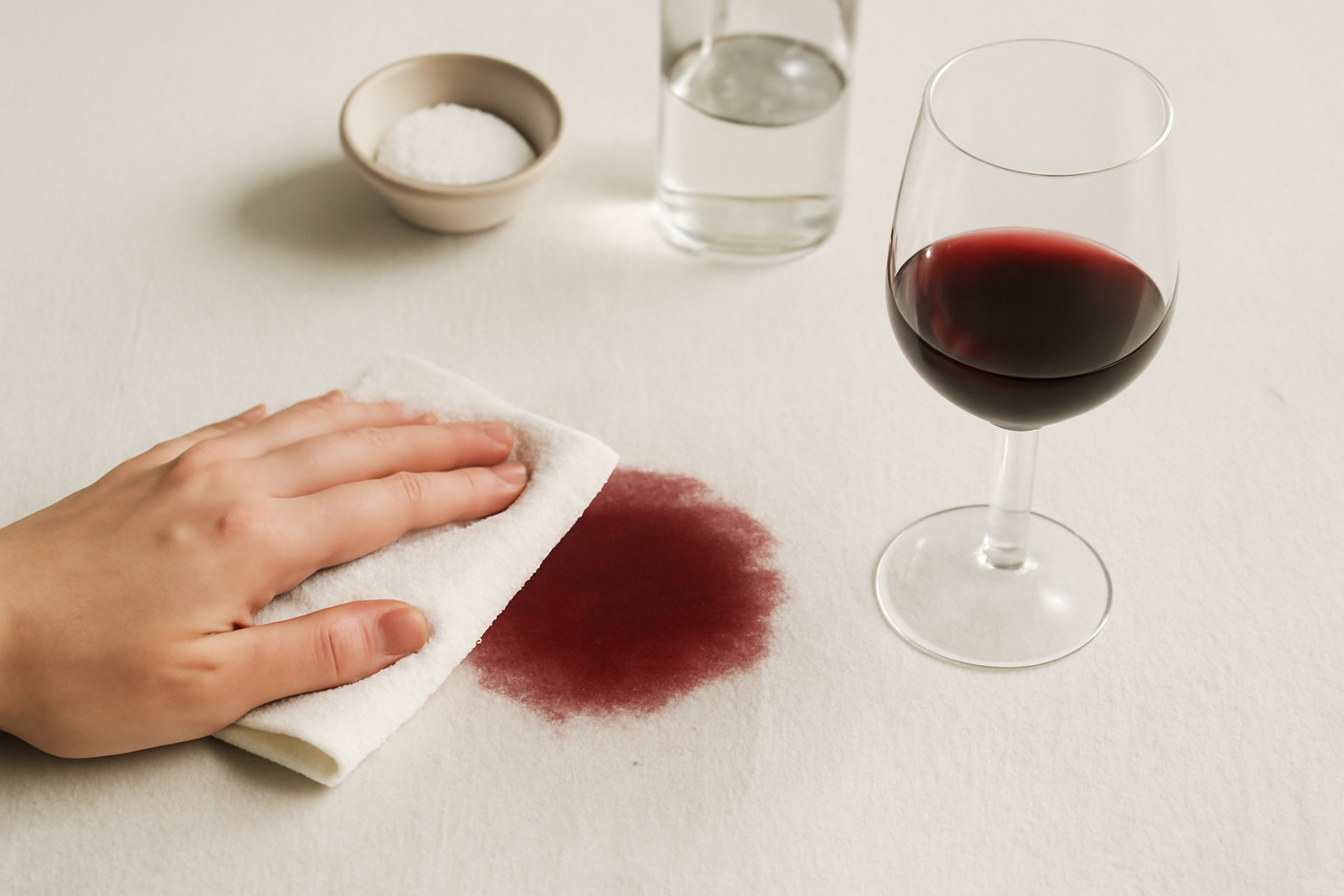 Imagem editorial: Como tirar mancha de vinho tinto de toalha de mesa de algodão: guia para mancha fresca e seca