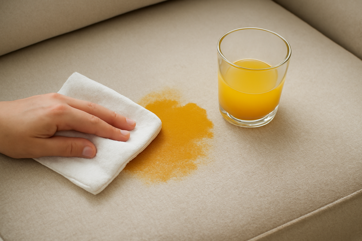 Imagem editorial: Como tirar mancha de suco de laranja de sofá de tecido: guia para mancha fresca e seca