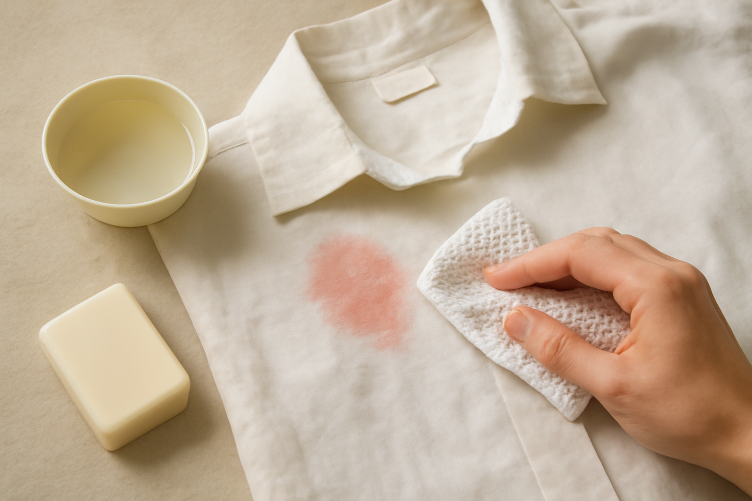 Imagen editorial: Cómo quitar una mancha de transferencia de color de una camisa de lino blanco
