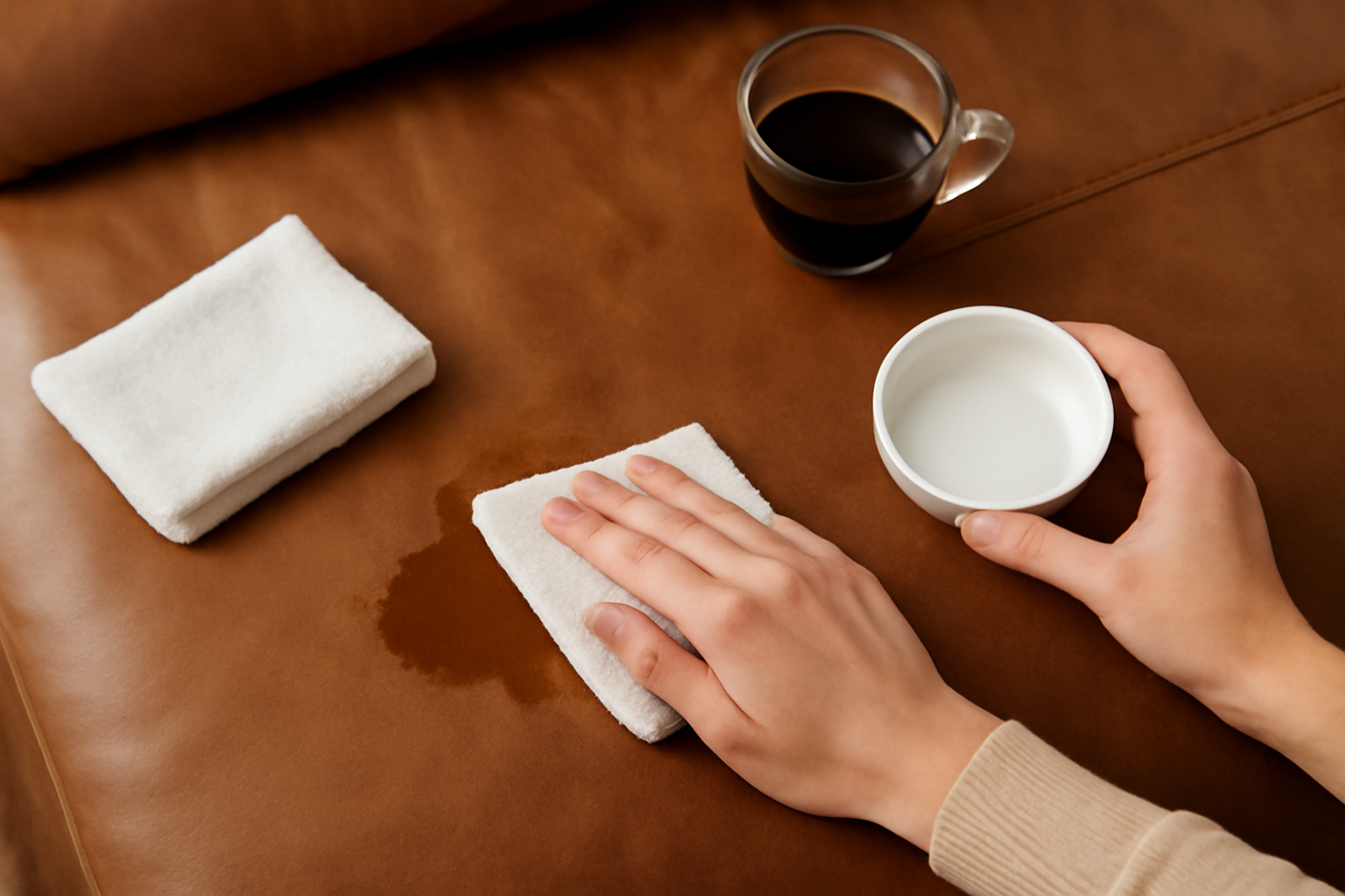 Imagem editorial: Tirar mancha de café de sofá de couro: comparação de métodos seguros para mancha fresca e seca