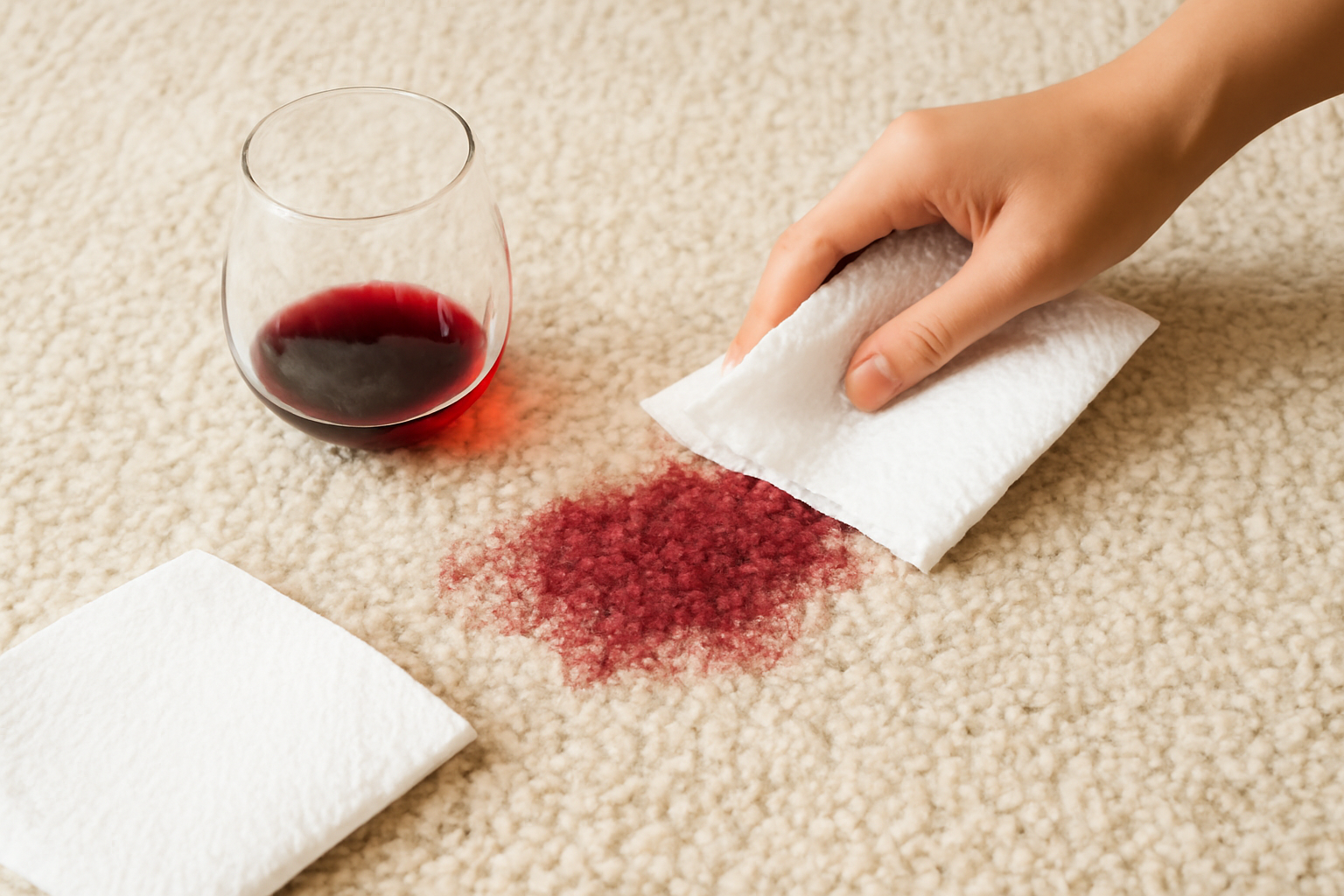 Imagen editorial: Cómo quitar una mancha de vino tinto de una alfombra de lana: métodos para manchas frescas y secas