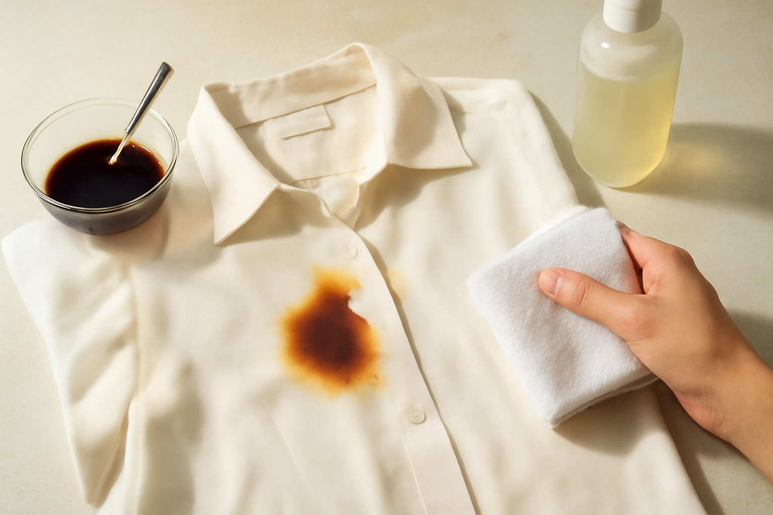 Imagen editorial: Cómo quitar una mancha de salsa de soya de una camisa de seda: métodos para manchas frescas y secas