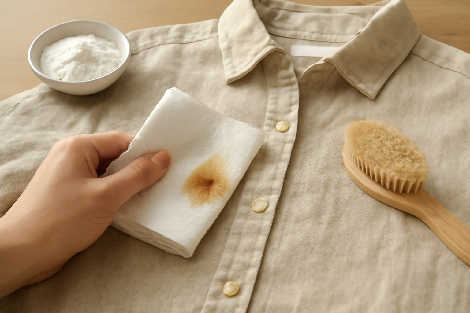 Imagen editorial: Cómo quitar una mancha de grasa de una camisa de lino: métodos para manchas frescas y secas