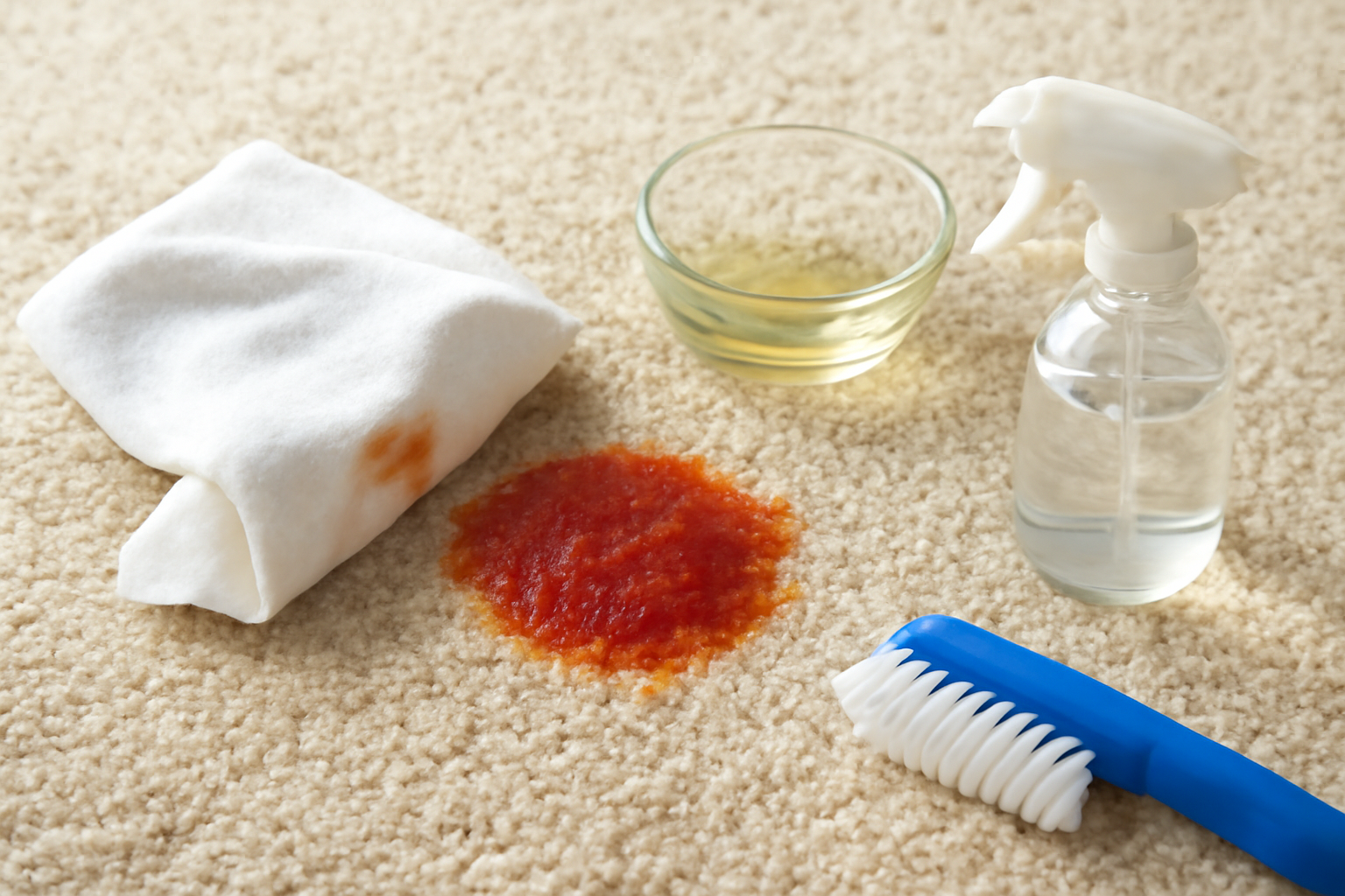 Imagem editorial: Como tirar mancha de molho de tomate de carpete claro: guia para mancha fresca e seca