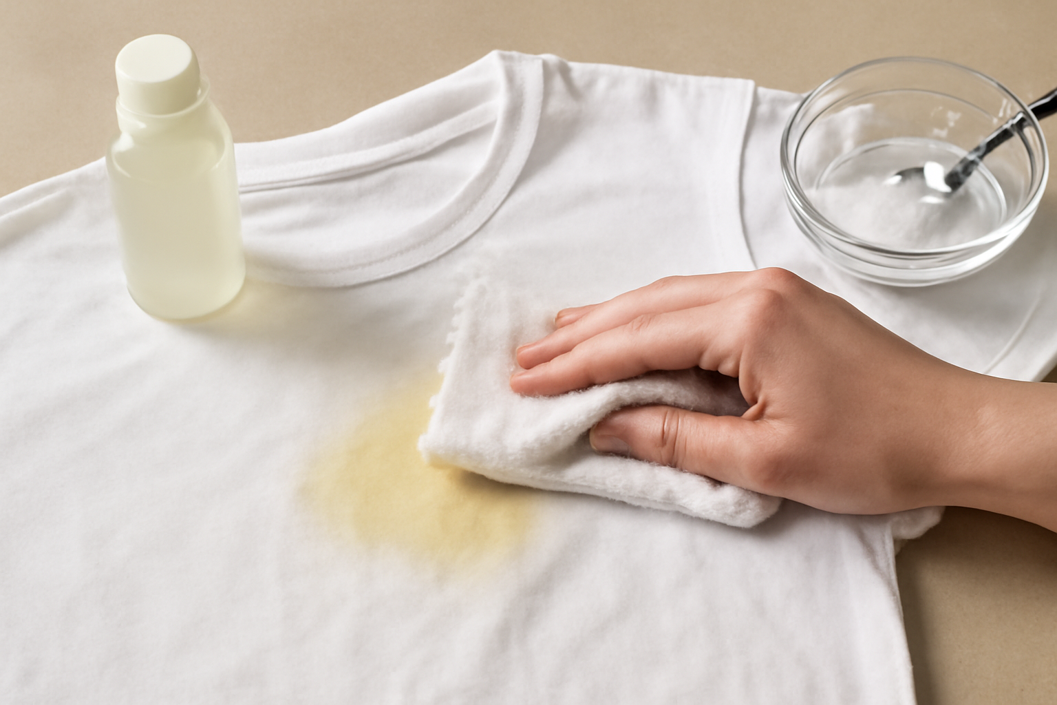 Imagem editorial: Tirar mancha de suor de camiseta branca de algodão: guia para mancha fresca e seca