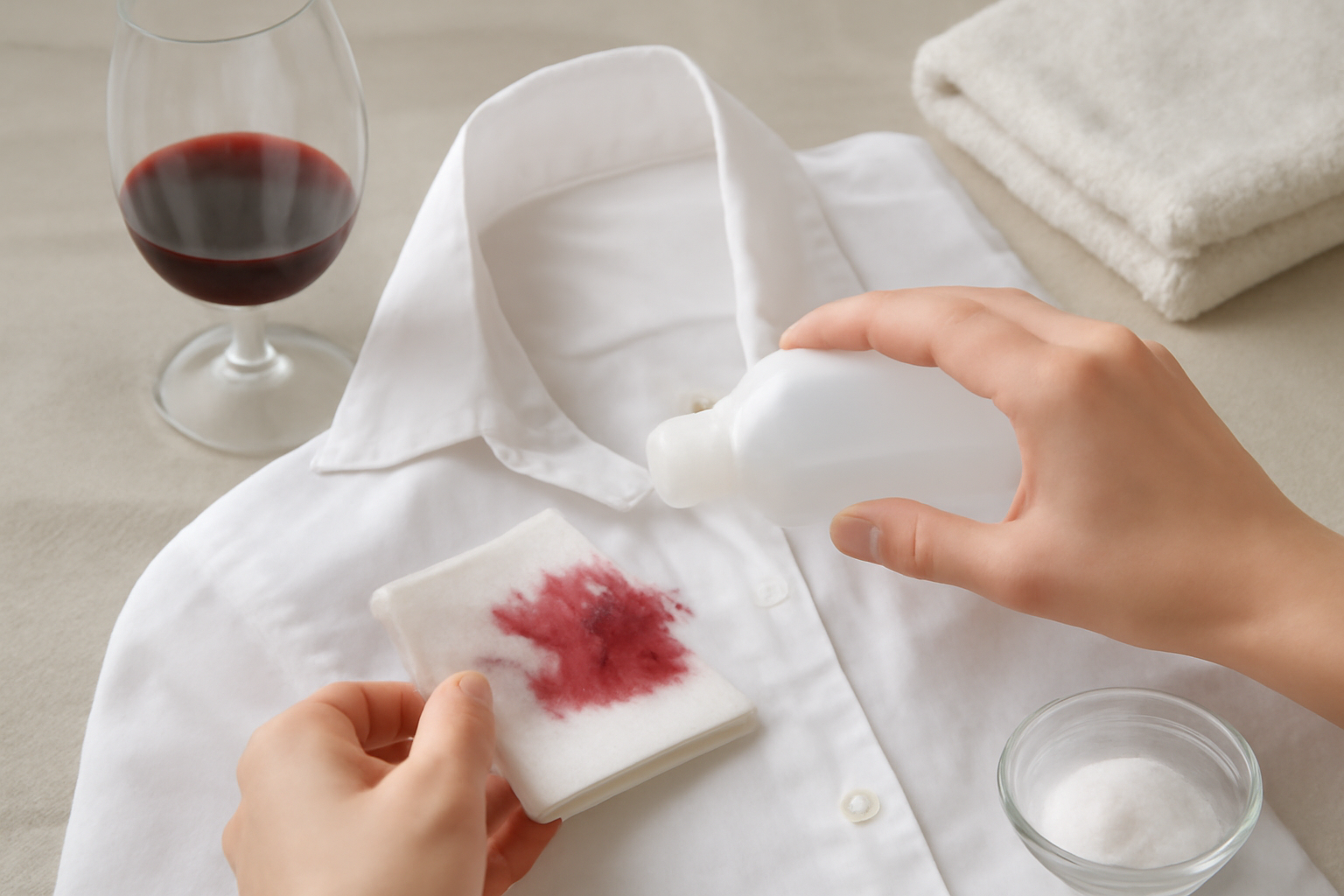 Imagen editorial: Cómo quitar manchas de vino tinto de una camisa blanca de algodón: guía para manchas frescas y secas